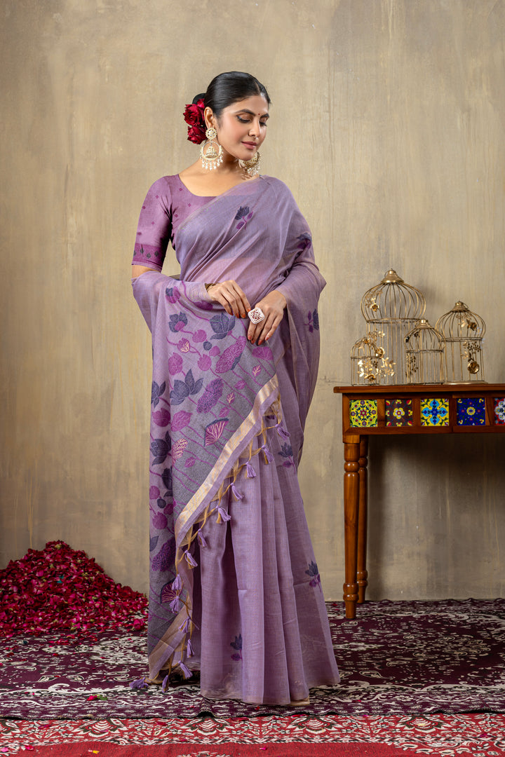 Taapsi Lavender Jamdani Mul Cotton Woven Saree