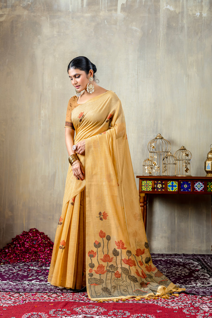 Taapsi Mustard Jamdani Mul Cotton Woven Saree