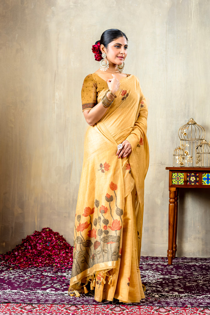 Taapsi Mustard Jamdani Mul Cotton Woven Saree