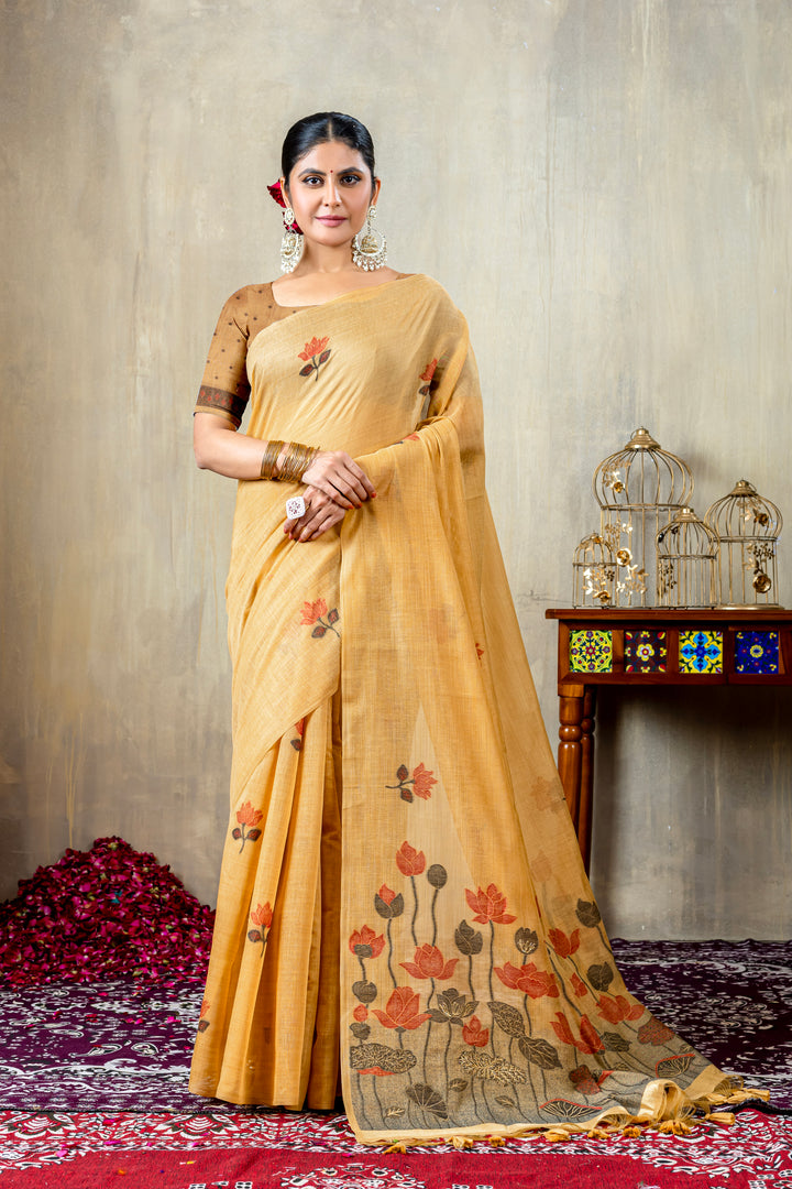 Taapsi Mustard Jamdani Mul Cotton Woven Saree