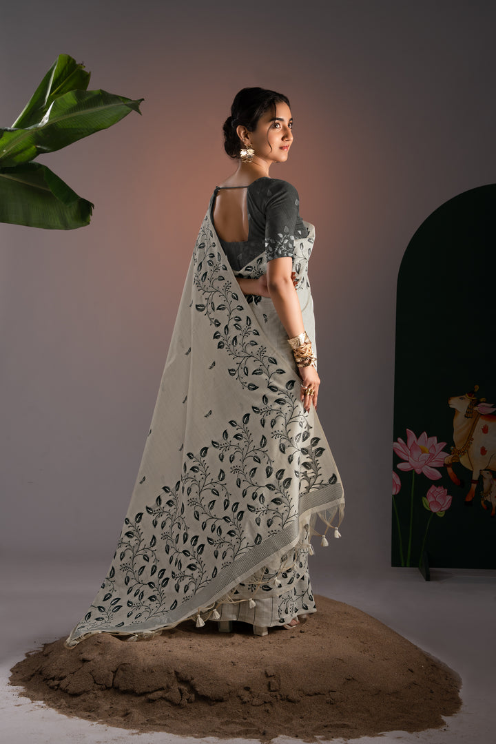 Takshila Off-White Muga Cotton Saree With Unstitched Blouse Piece