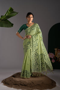 Takshila Green Muga Cotton Saree With Unstitched Blouse Piece