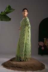 Takshila Green Muga Cotton Saree With Unstitched Blouse Piece