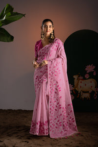 Takshila Pink Muga Cotton Saree With Unstitched Blouse Piece