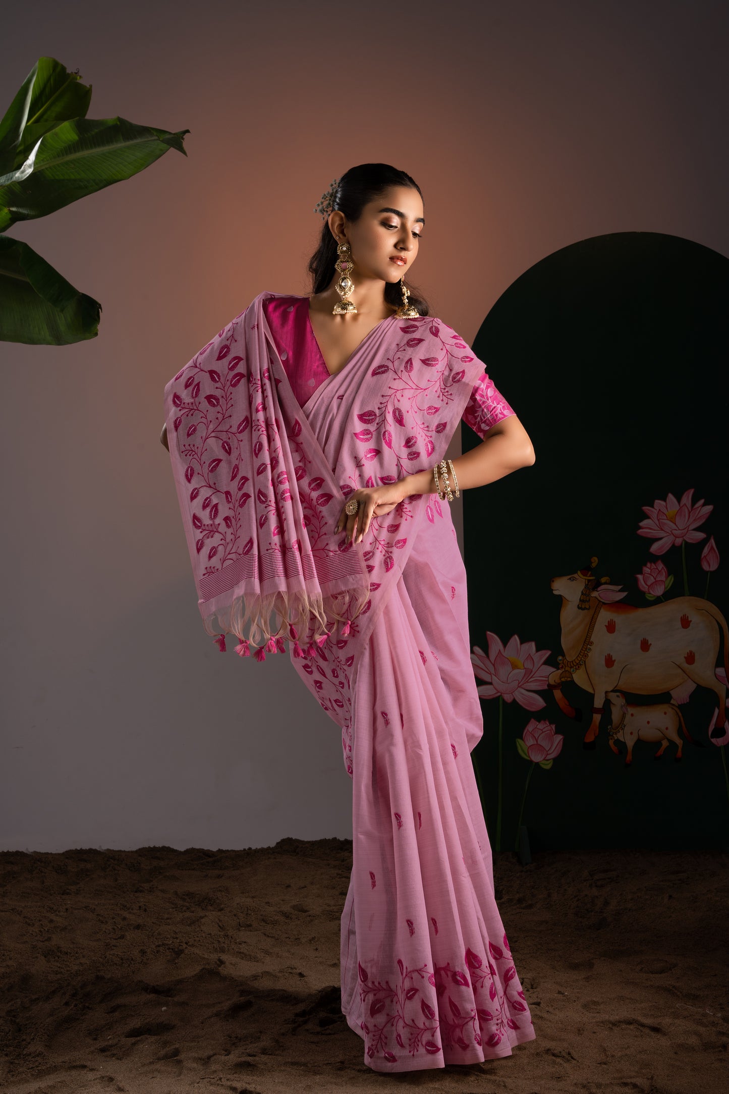 Takshila Pink Muga Cotton Saree With Unstitched Blouse Piece