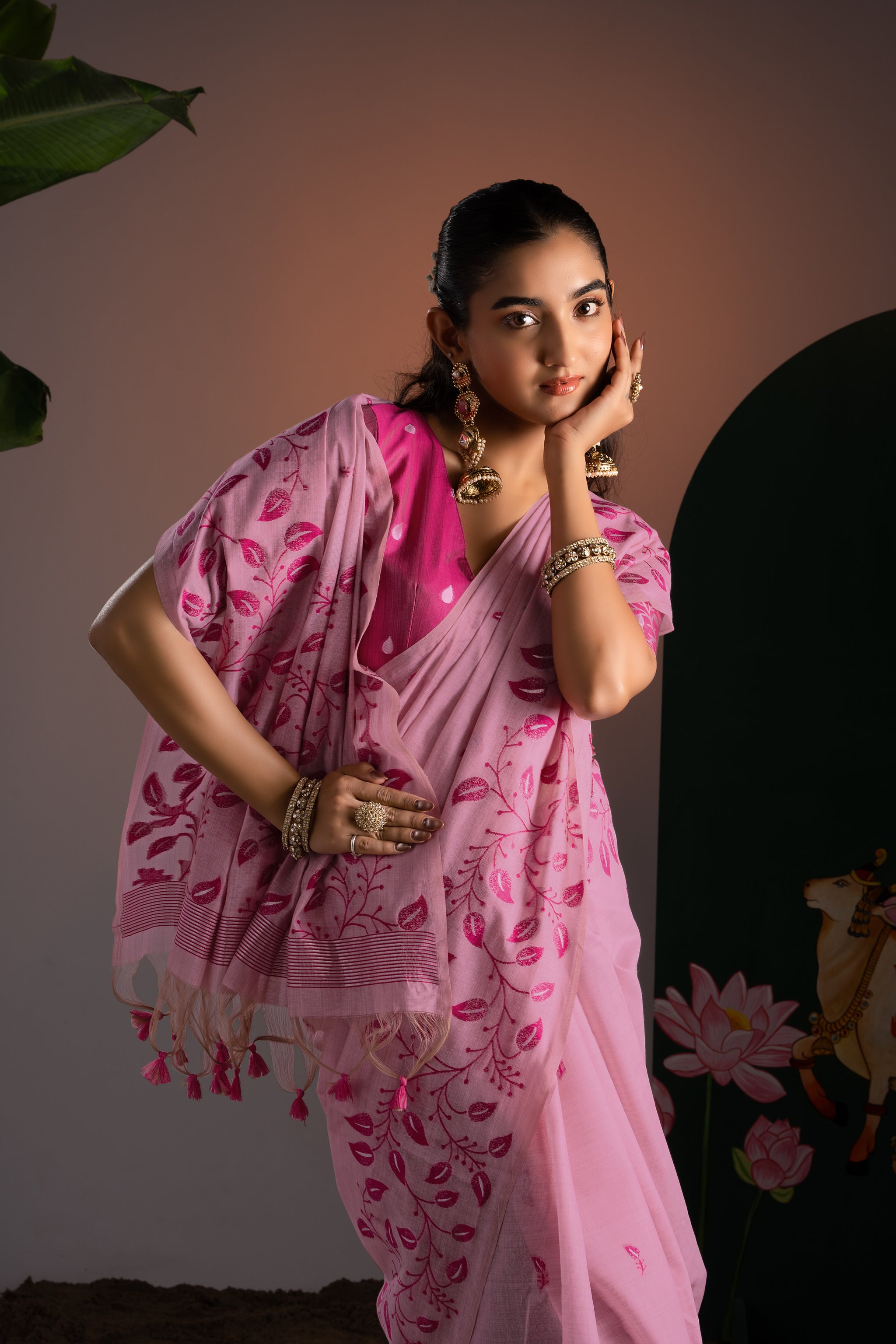 Takshila Pink Muga Cotton Saree With Unstitched Blouse Piece