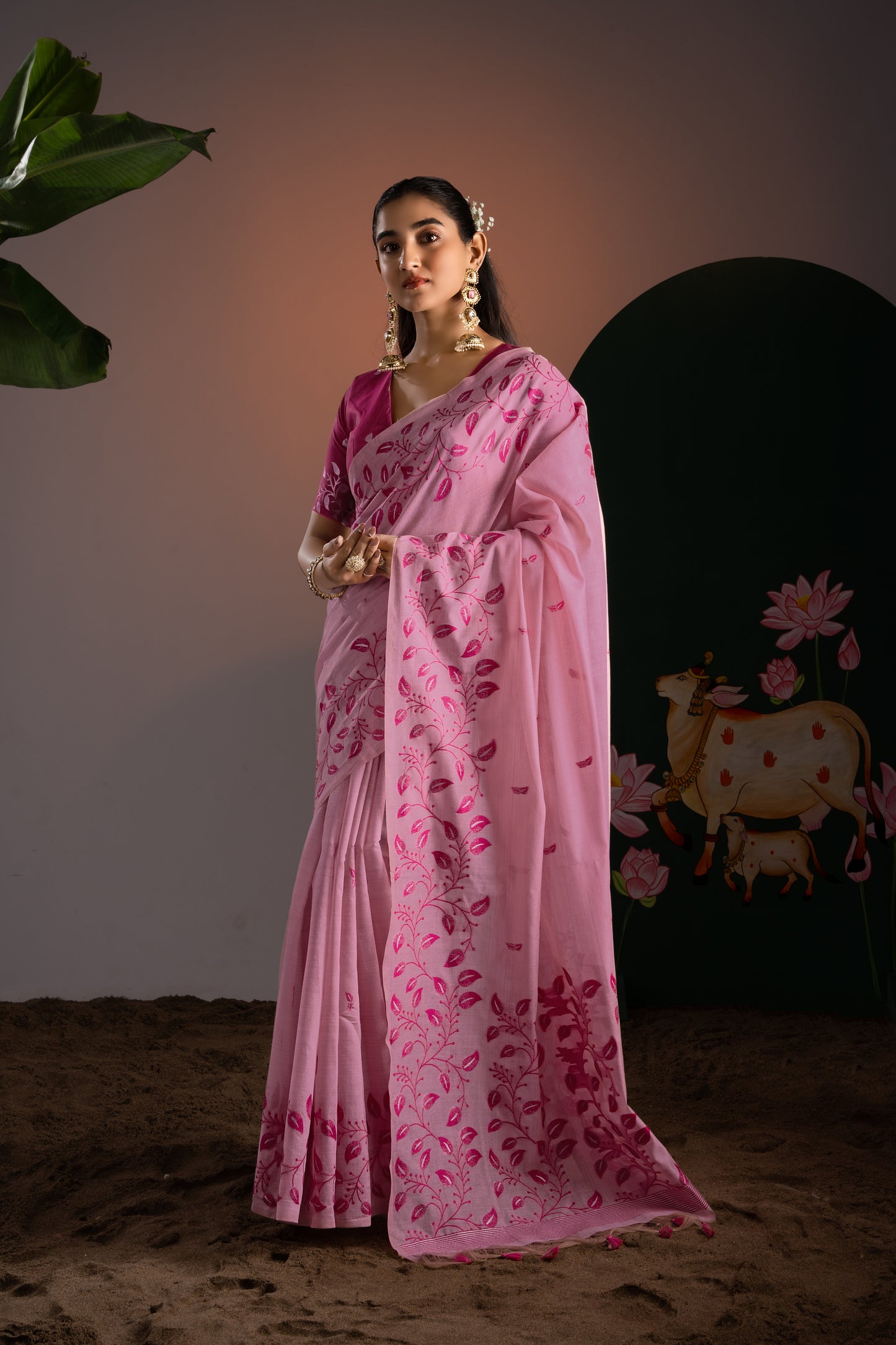 Takshila Pink Muga Cotton Saree With Unstitched Blouse Piece