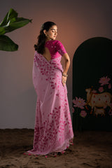 Takshila Pink Muga Cotton Saree With Unstitched Blouse Piece