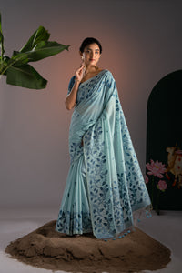 Takshila Blue Muga Cotton Saree With Unstitched Blouse Piece