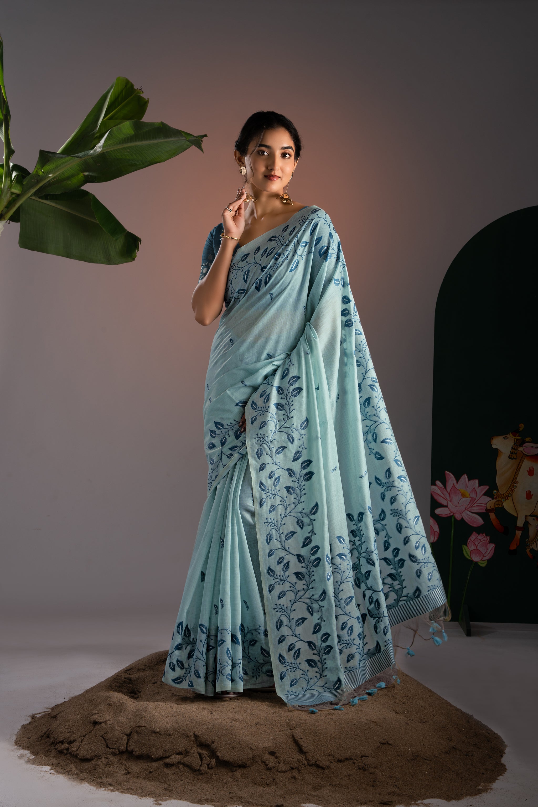 Takshila Blue Muga Cotton Saree With Unstitched Blouse Piece