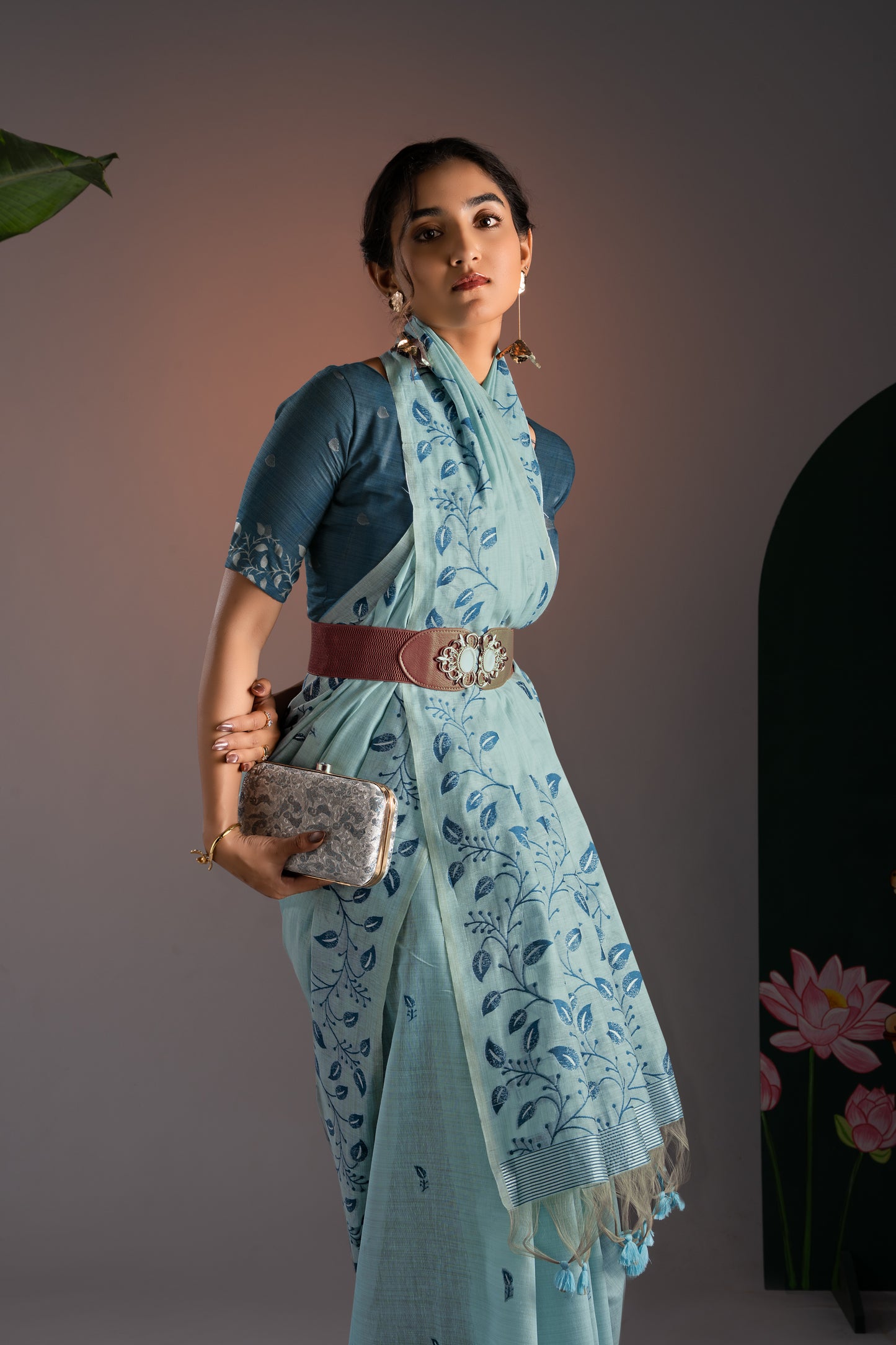 Takshila Blue Muga Cotton Saree With Unstitched Blouse Piece