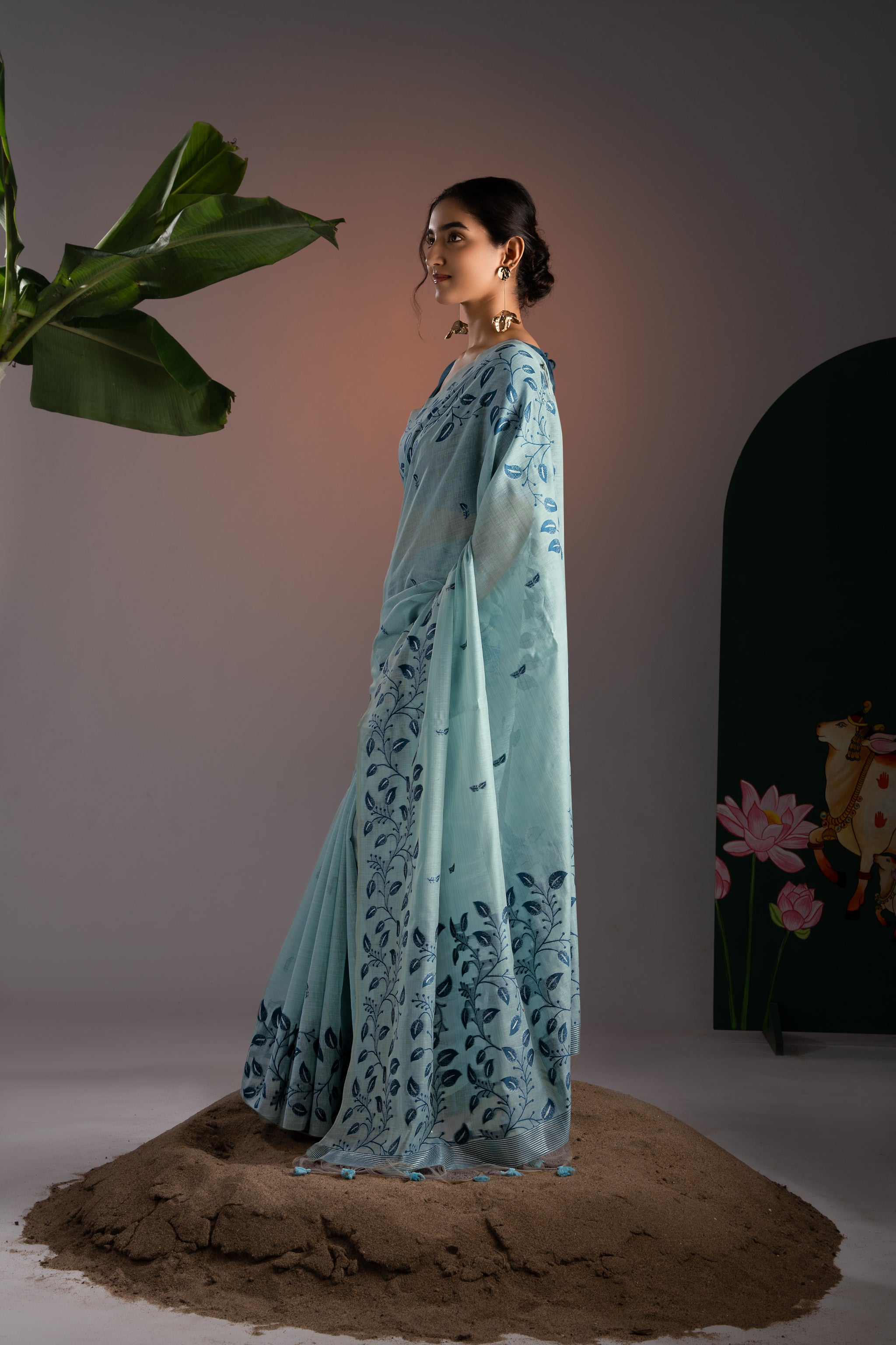 Takshila Blue Muga Cotton Saree With Unstitched Blouse Piece