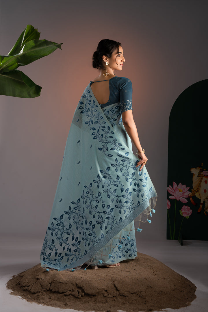 Takshila Blue Muga Cotton Saree With Unstitched Blouse Piece