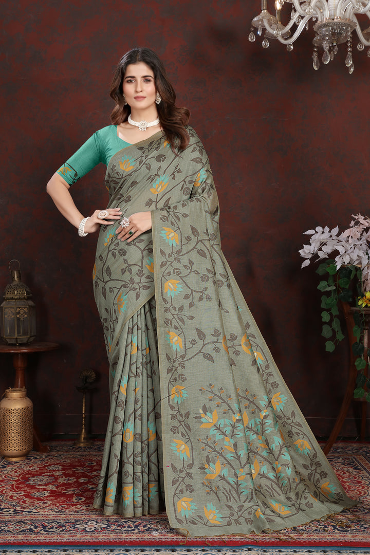 Trisha Grey Pure Mul Cotton Jamdani Saree