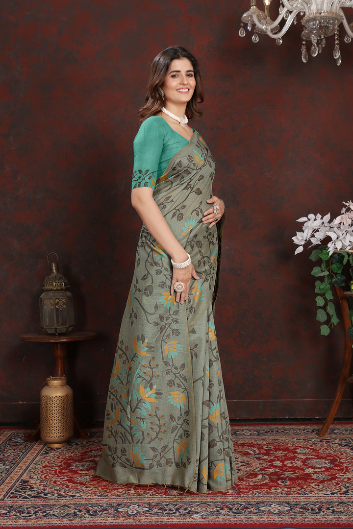 Trisha Grey Pure Mul Cotton Jamdani Saree