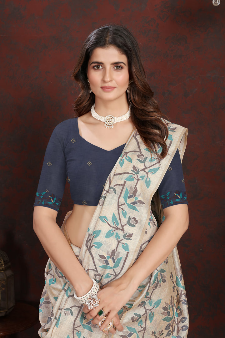 Trisha Indigo Navy Pure Mul Cotton Jamdani Saree