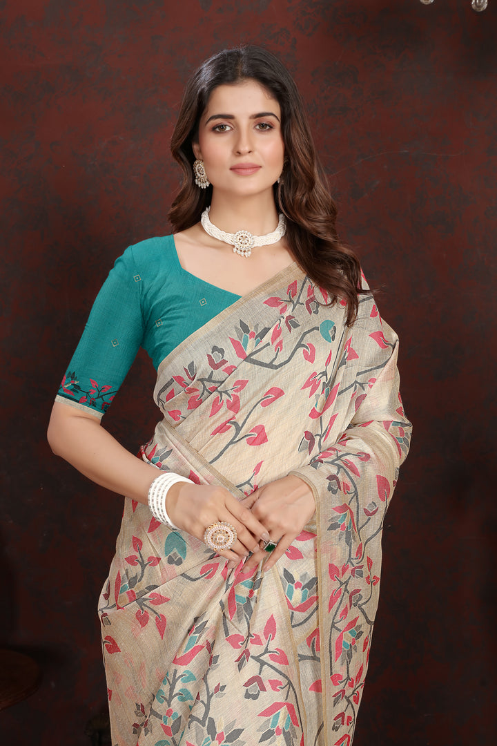 Trisha Turquoise Pure Mul Cotton Jamdani Saree