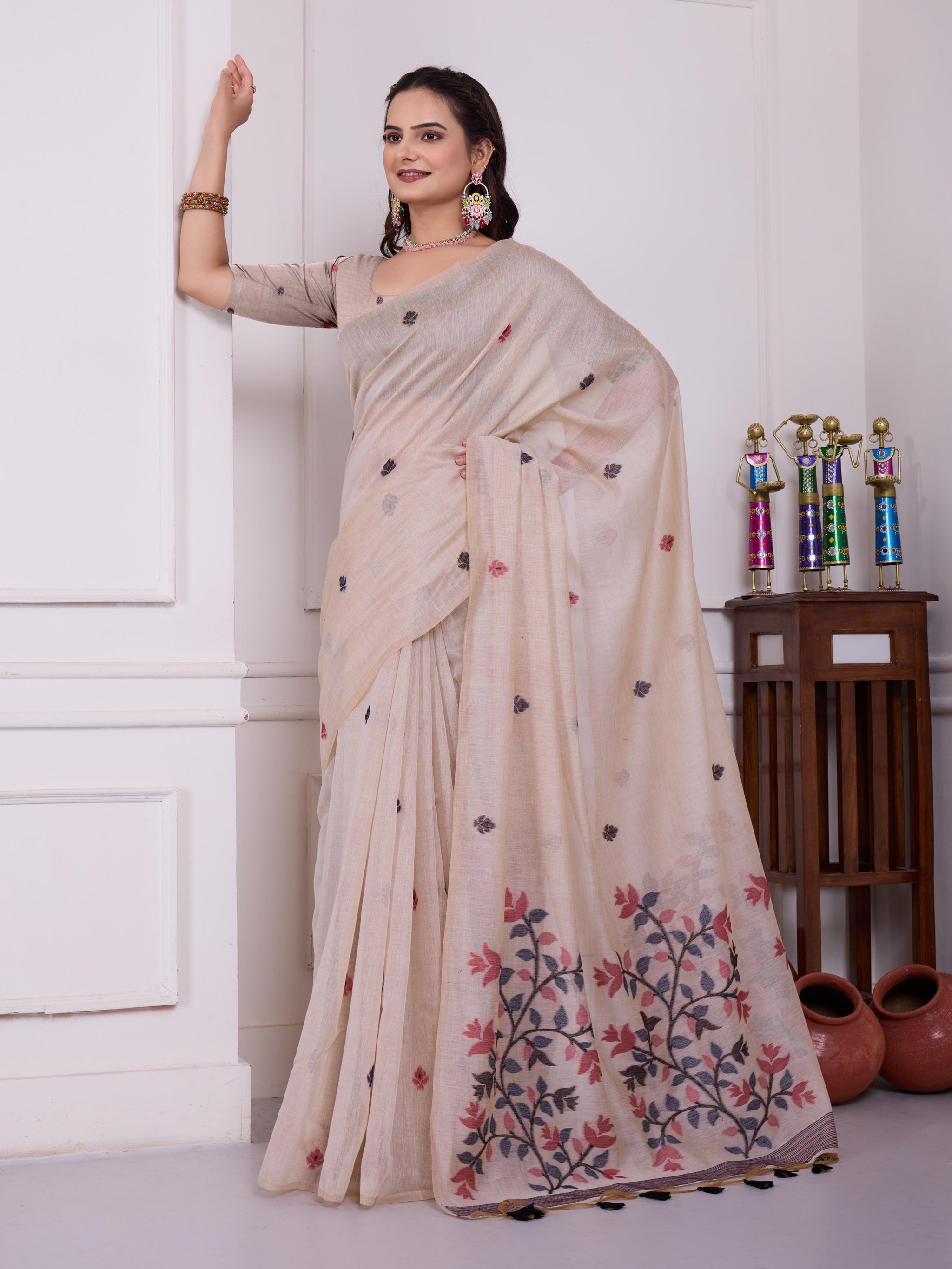 Tulsi Blush Beige Muga Cotton Jamdani Saree