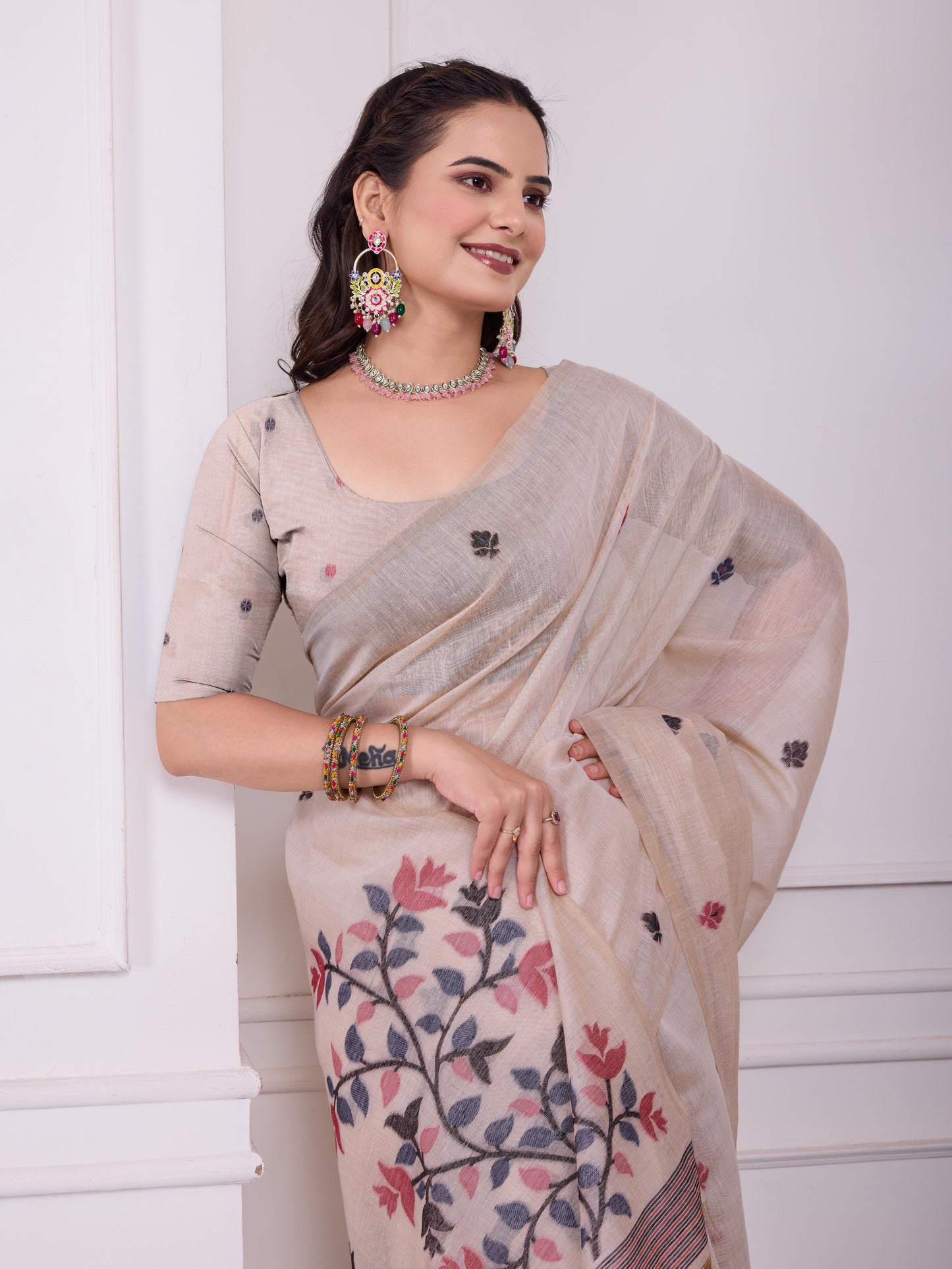Tulsi Blush Beige Muga Cotton Jamdani Saree