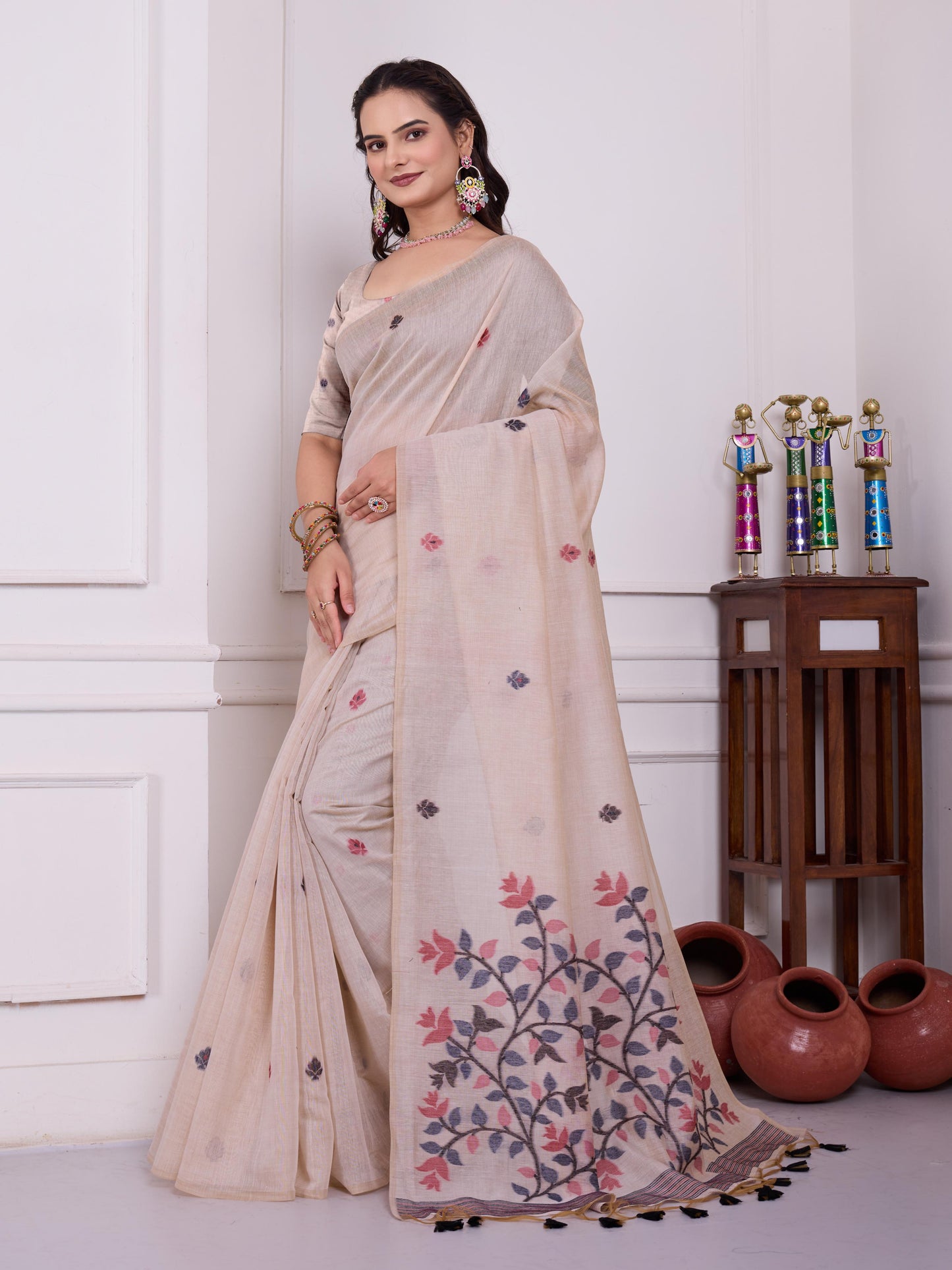 Tulsi Blush Beige Muga Cotton Jamdani Saree