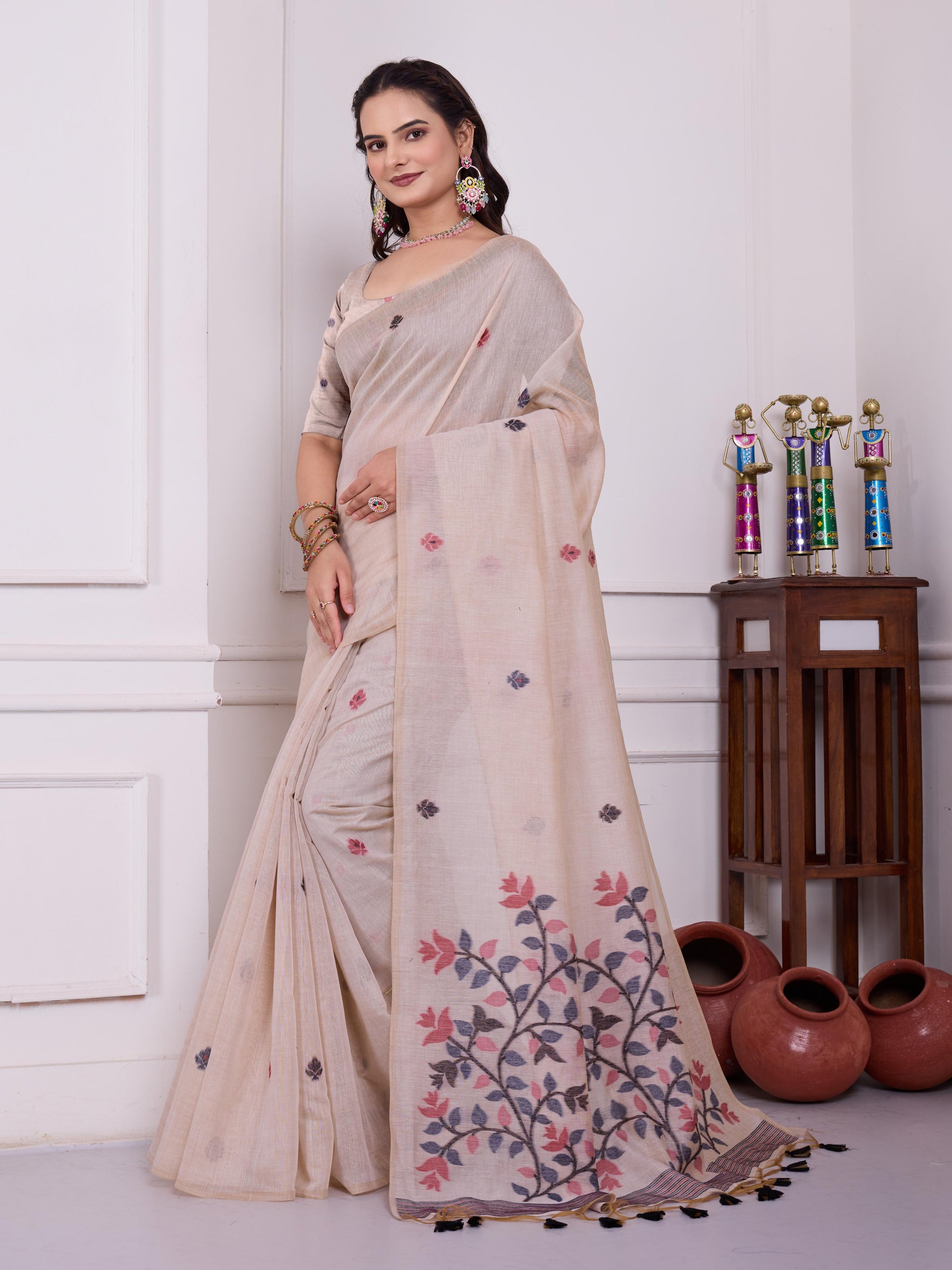 Tulsi Blush Beige Muga Cotton Jamdani Saree