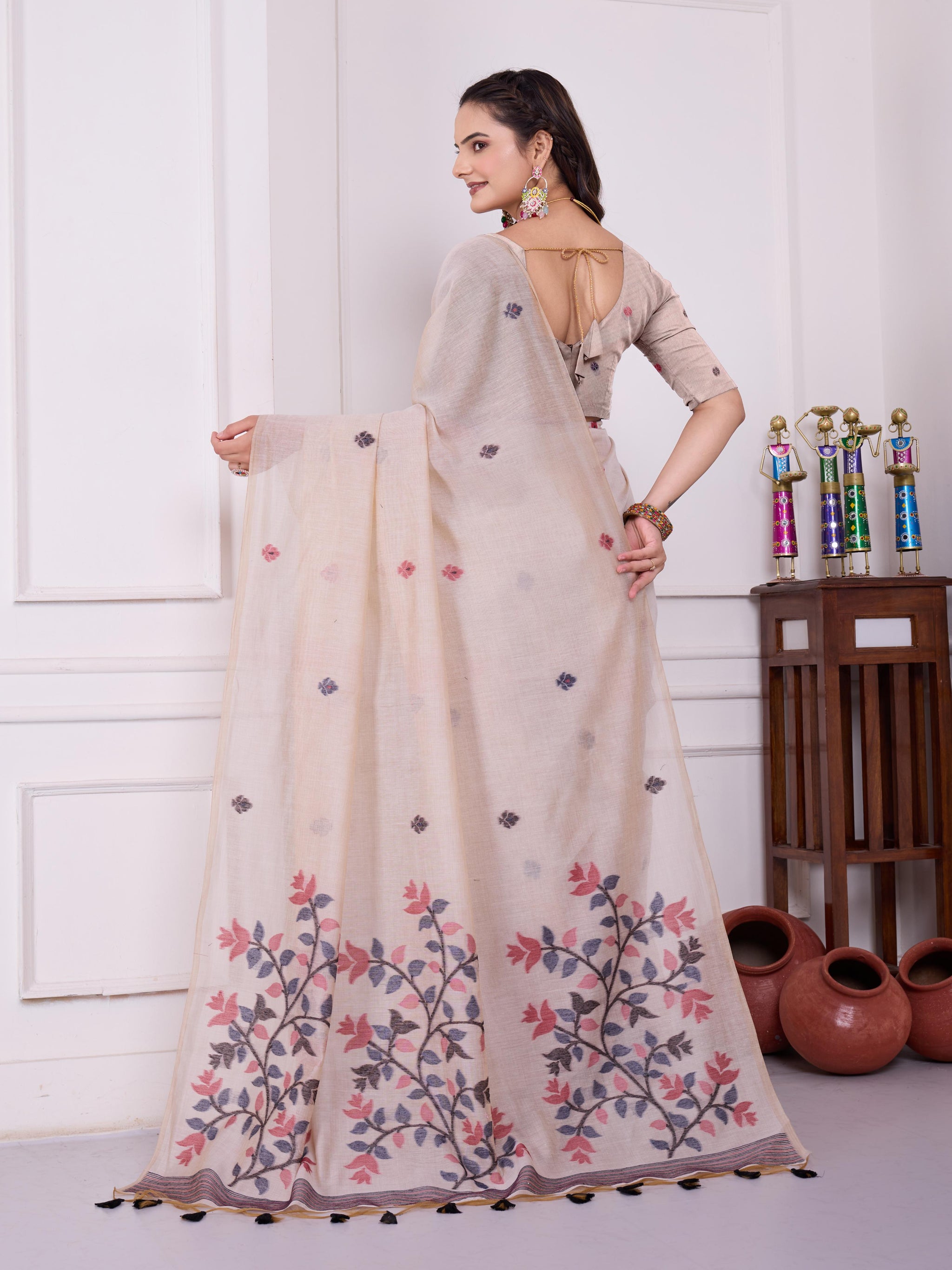 Tulsi Blush Beige Muga Cotton Jamdani Saree