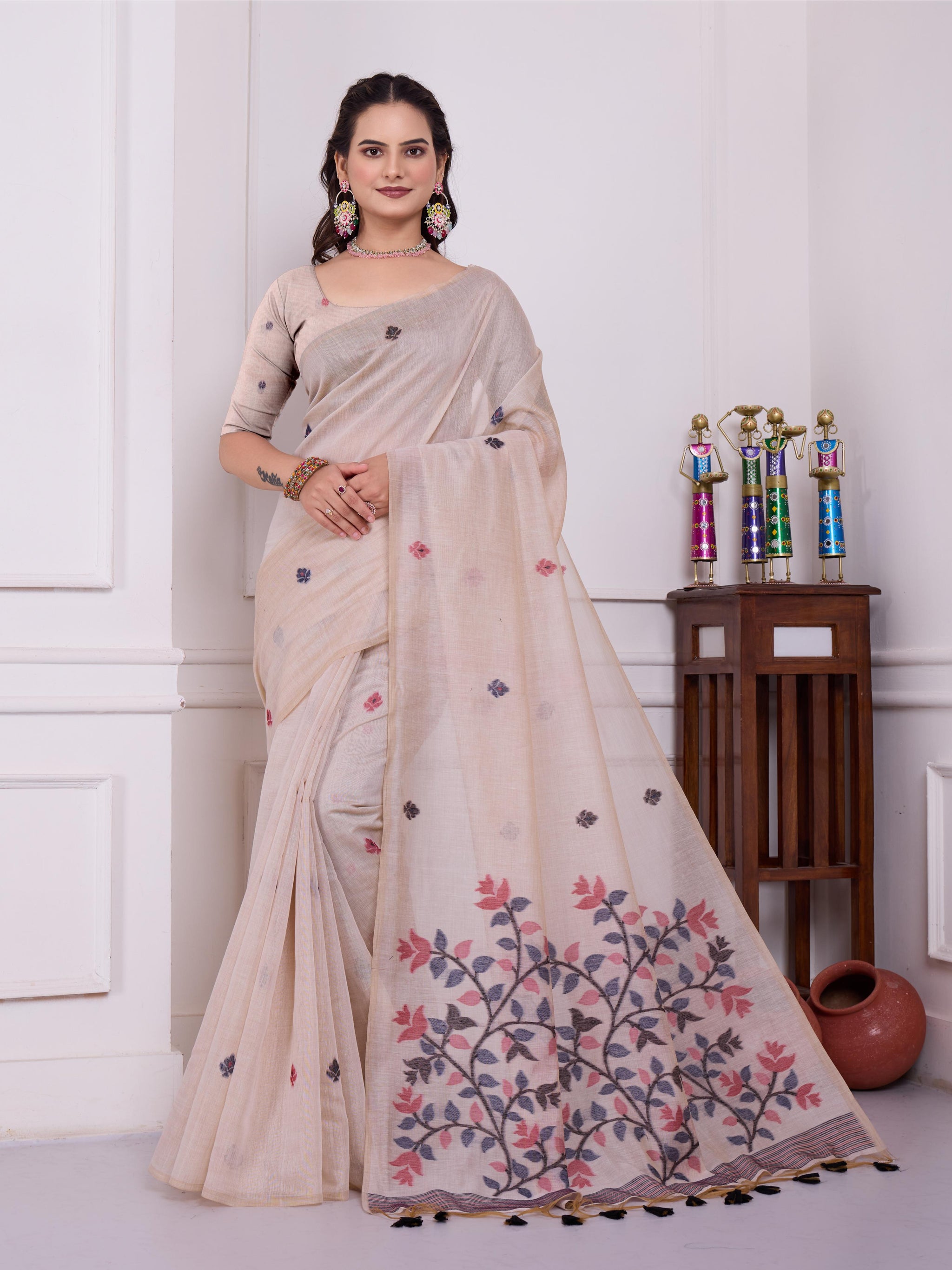 Tulsi Blush Beige Muga Cotton Jamdani Saree