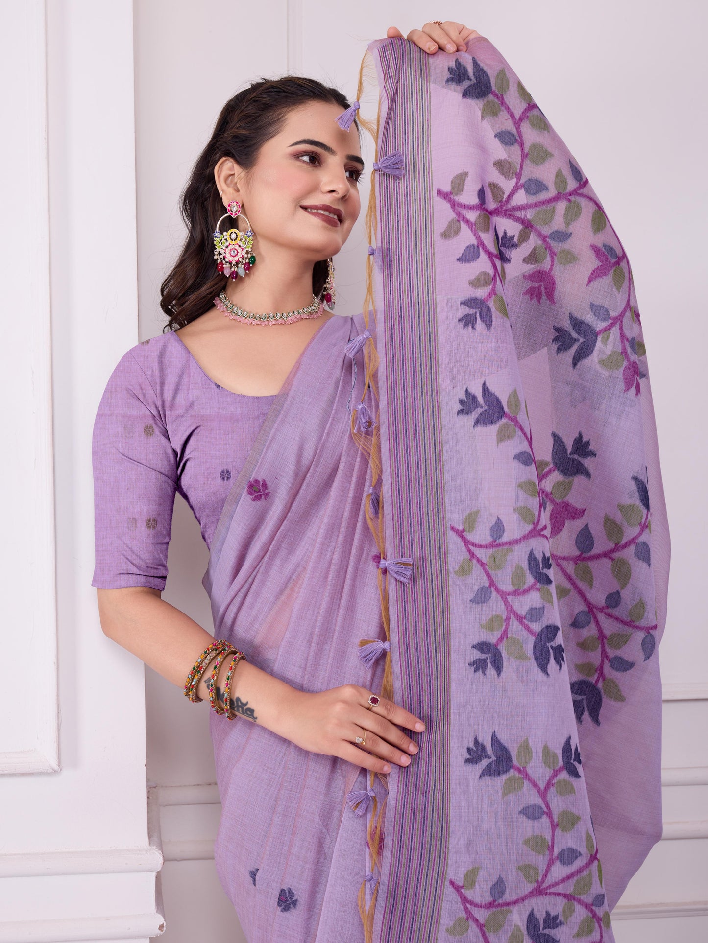 Tulsi Whispering Lavender Muga Cotton Jamdani Saree