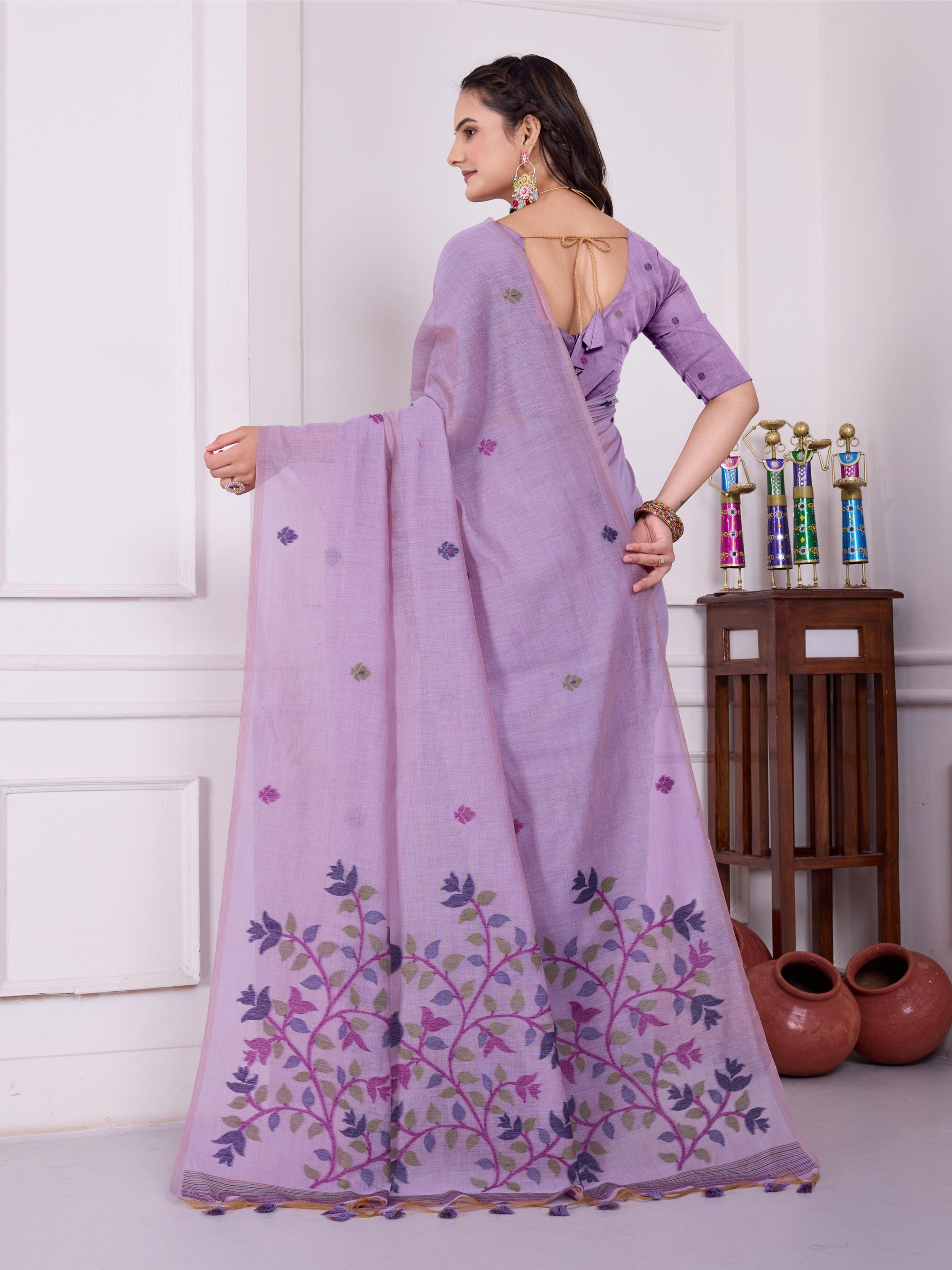 Tulsi Whispering Lavender Muga Cotton Jamdani Saree