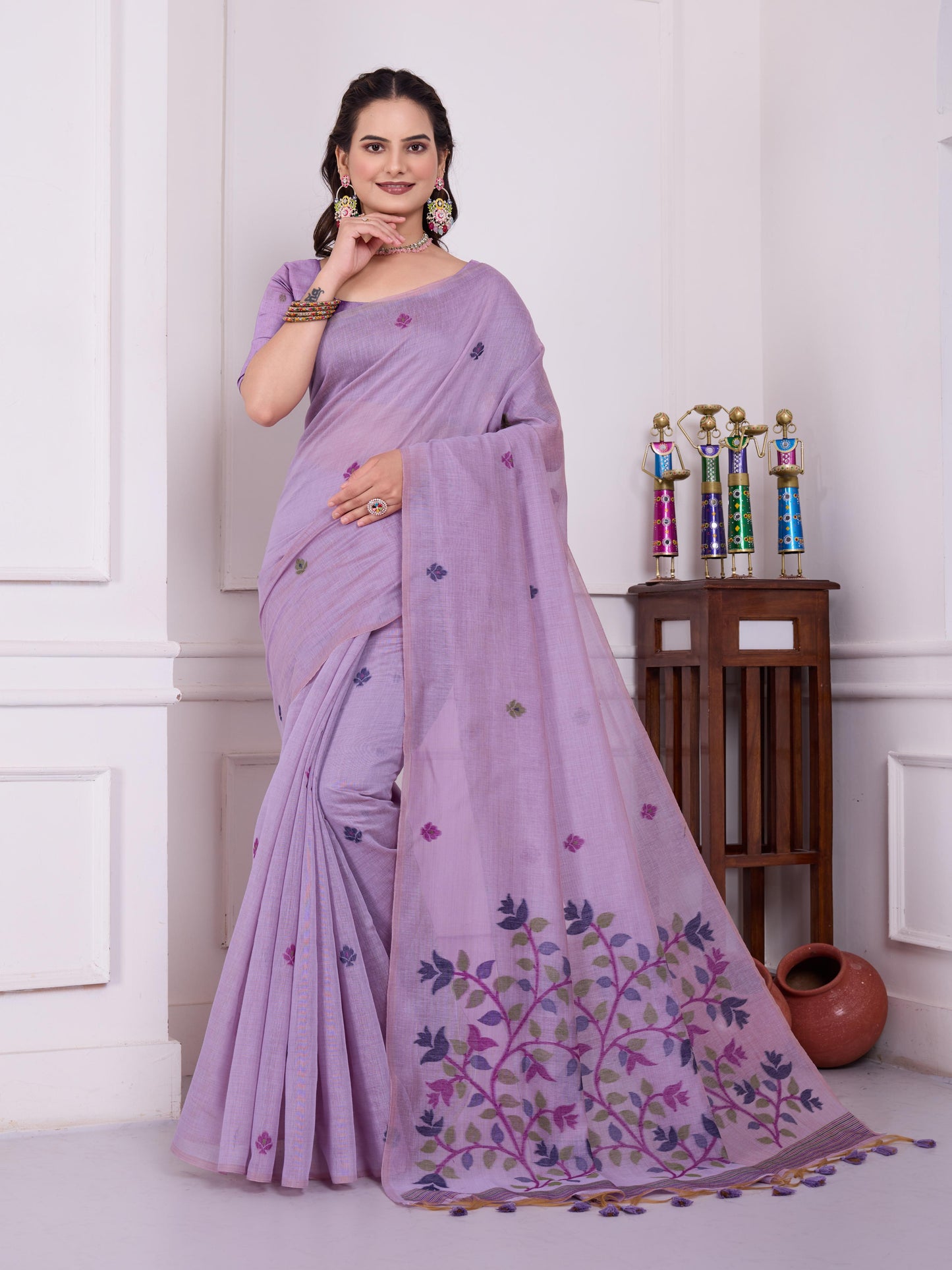 Tulsi Whispering Lavender Muga Cotton Jamdani Saree