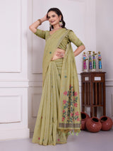 Tulsi Mist Pista Muga Cotton Jamdani Saree