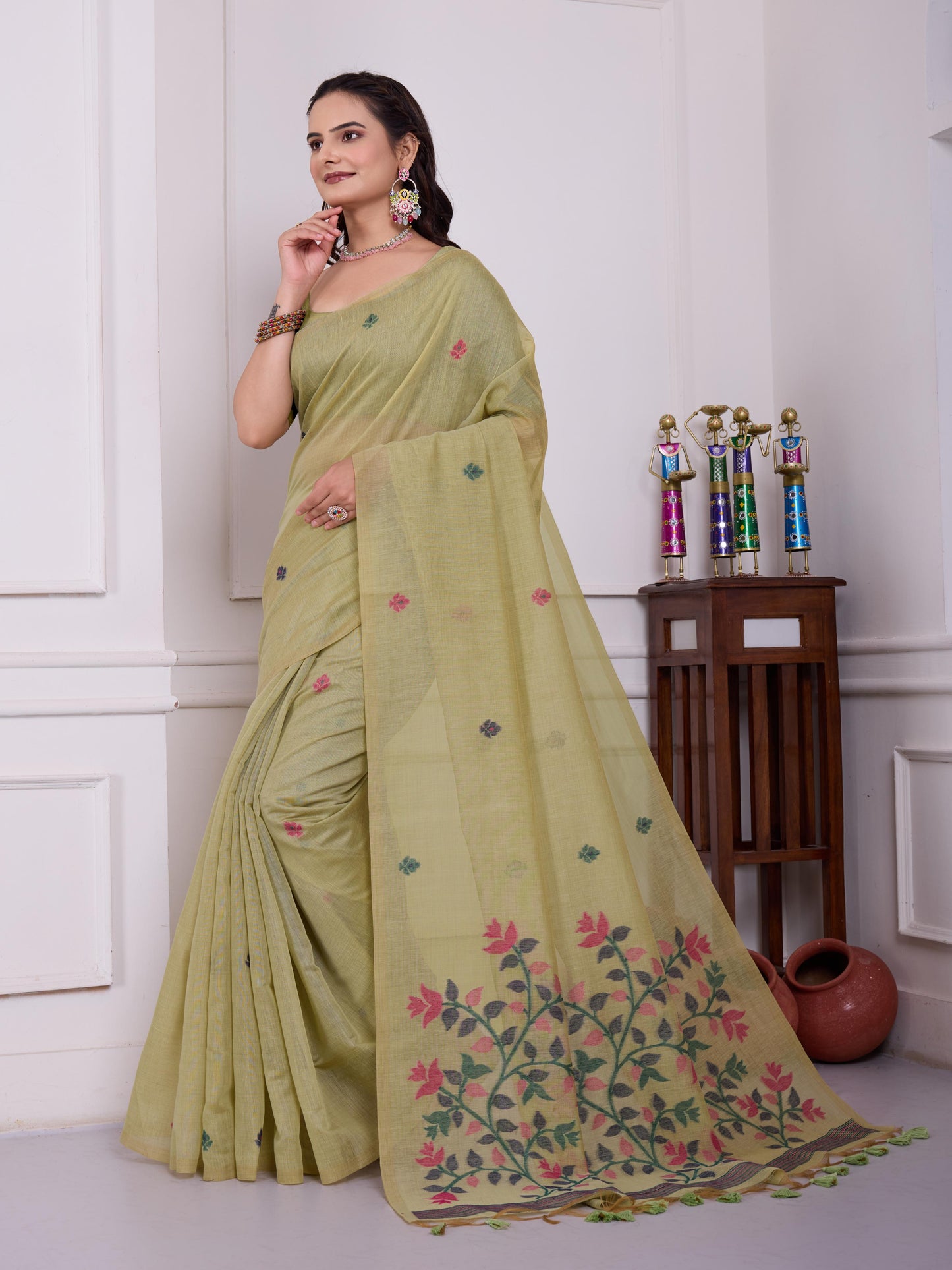 Tulsi Mist Pista Muga Cotton Jamdani Saree