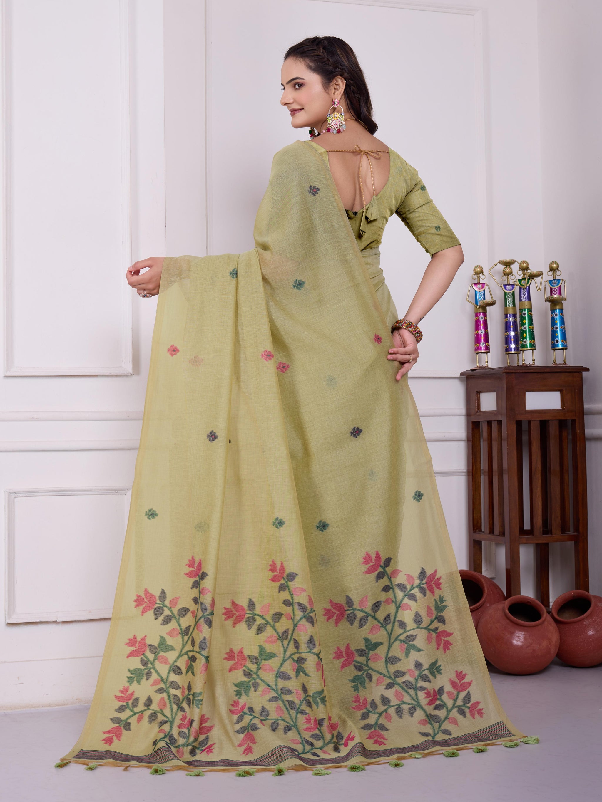 Tulsi Mist Pista Muga Cotton Jamdani Saree
