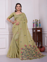 Tulsi Mist Pista Muga Cotton Jamdani Saree