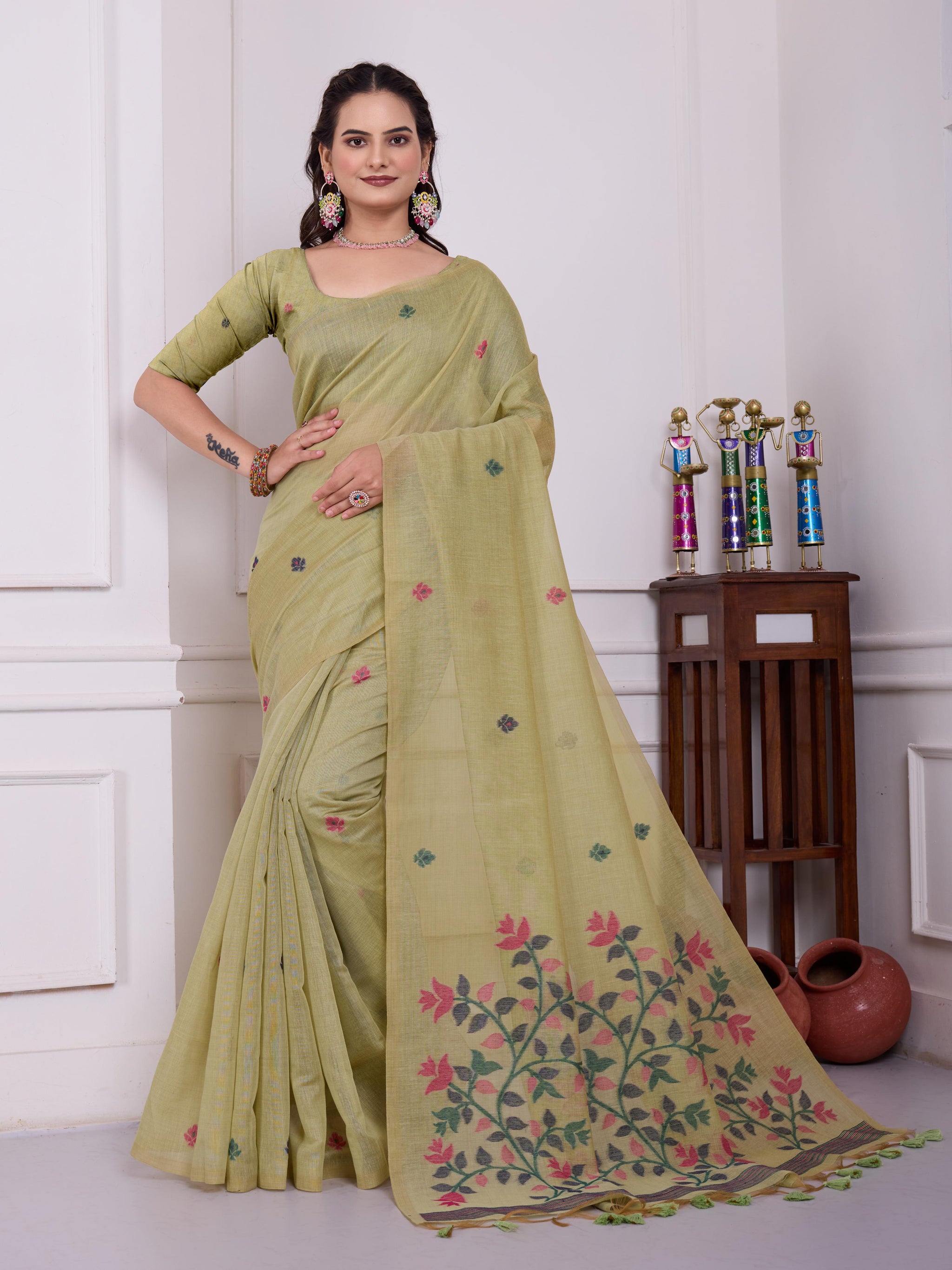 Tulsi Mist Pista Muga Cotton Jamdani Saree