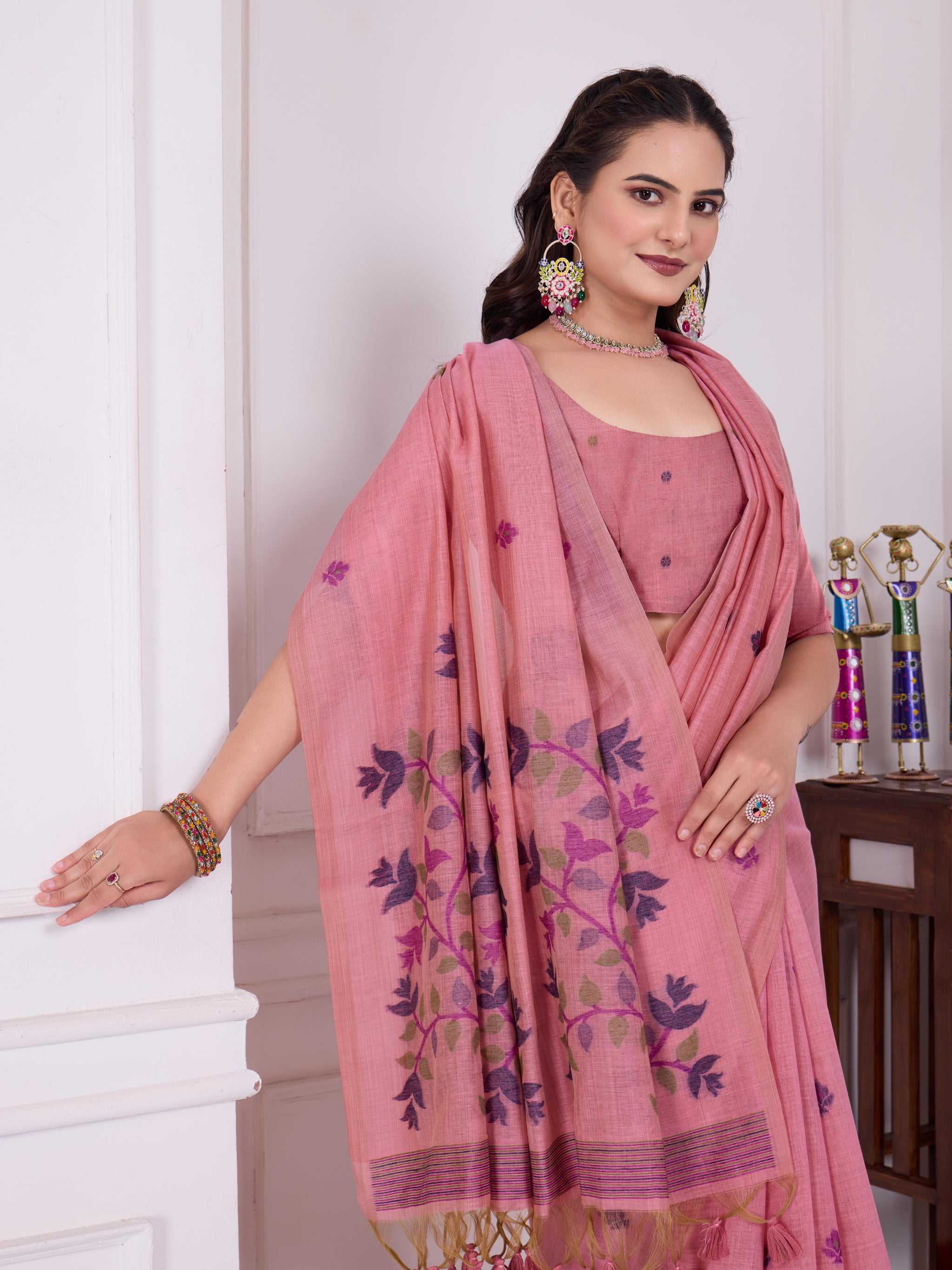 Tulsi Powder Pink Muga Cotton Jamdani Saree