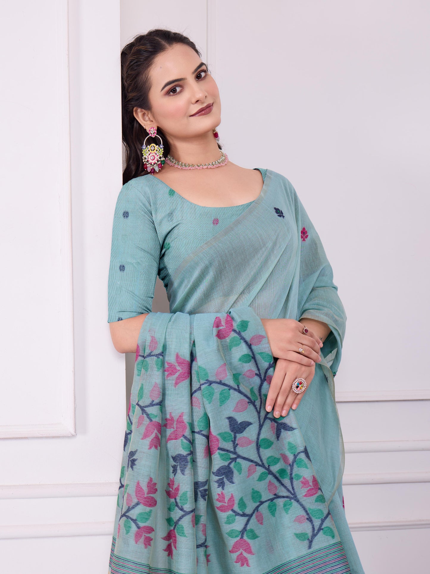 Tulsi Winter Sky Muga Cotton Jamdani Saree