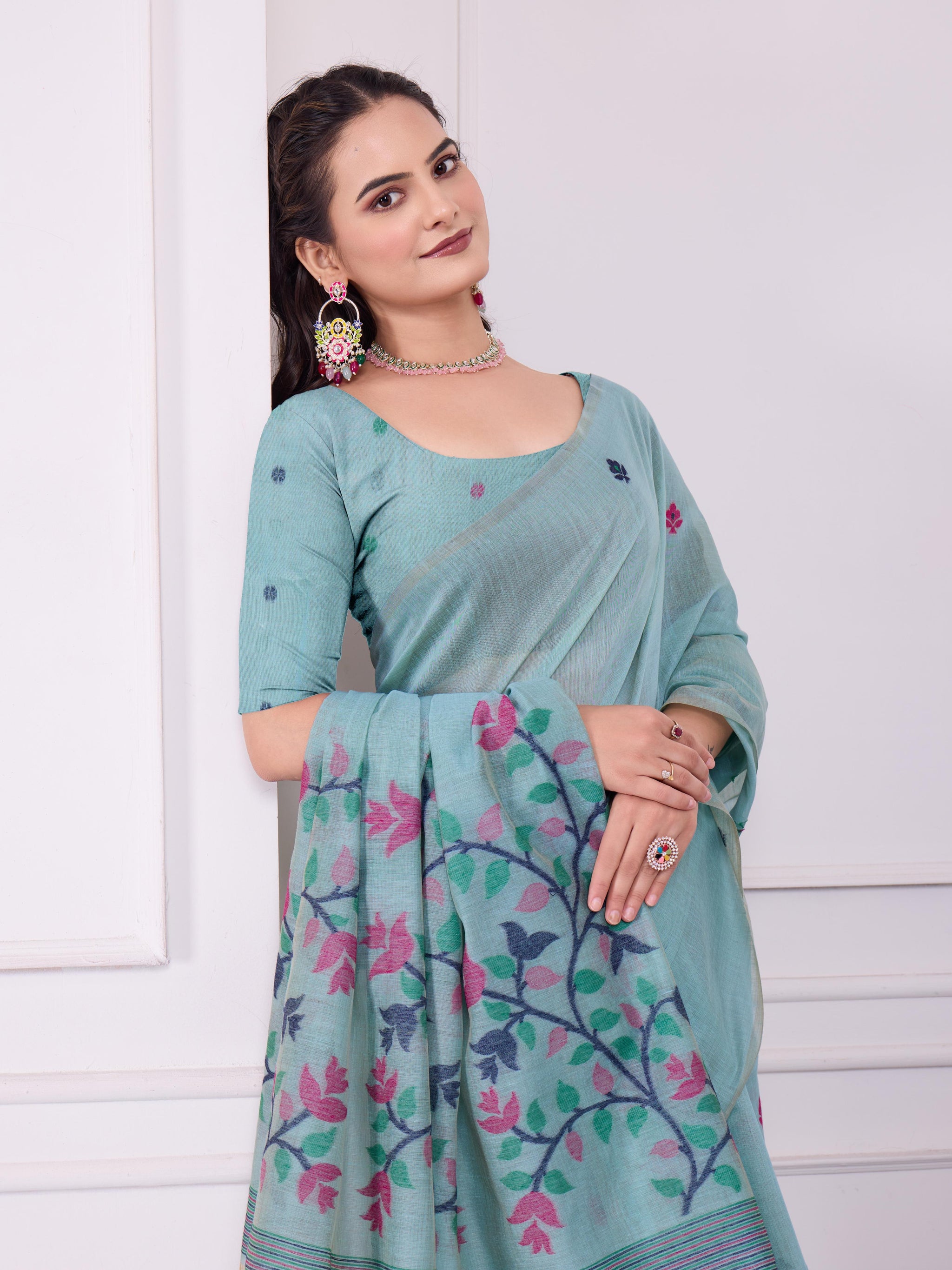 Tulsi Winter Sky Muga Cotton Jamdani Saree
