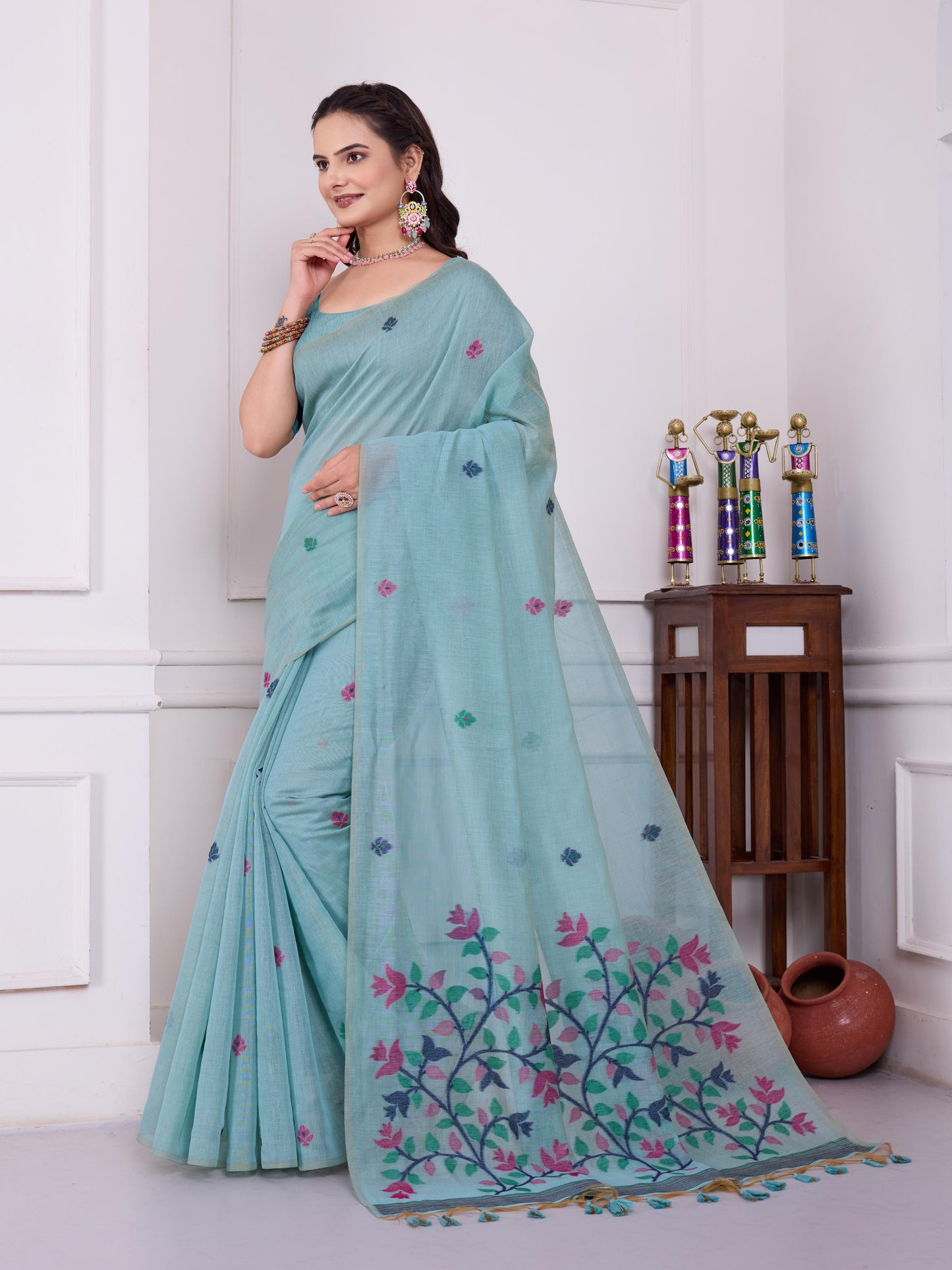 Tulsi Winter Sky Muga Cotton Jamdani Saree