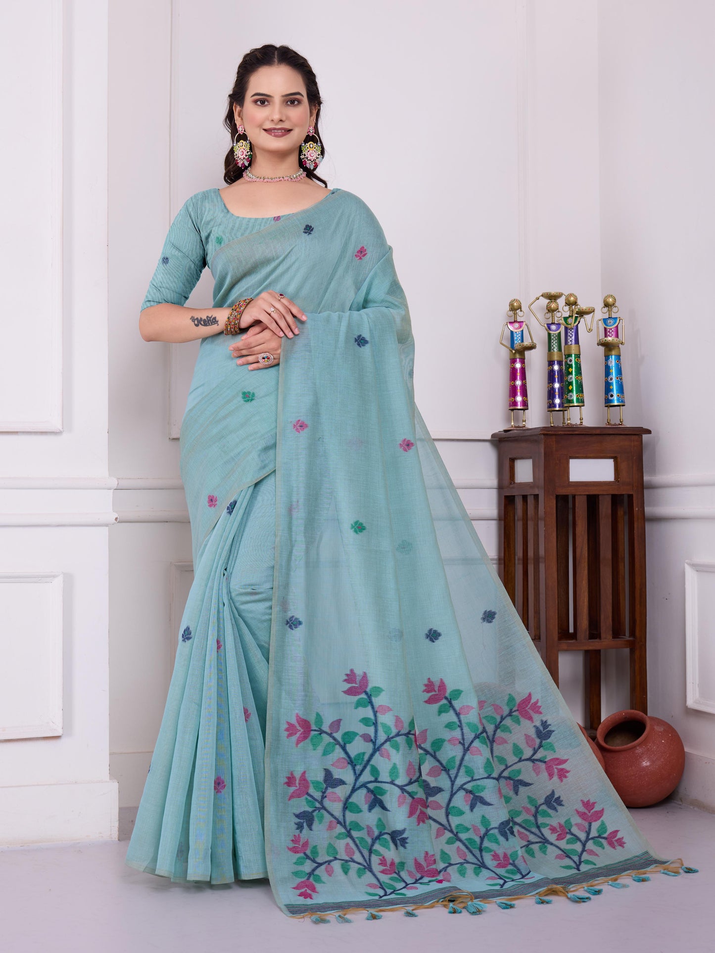 Tulsi Winter Sky Muga Cotton Jamdani Saree