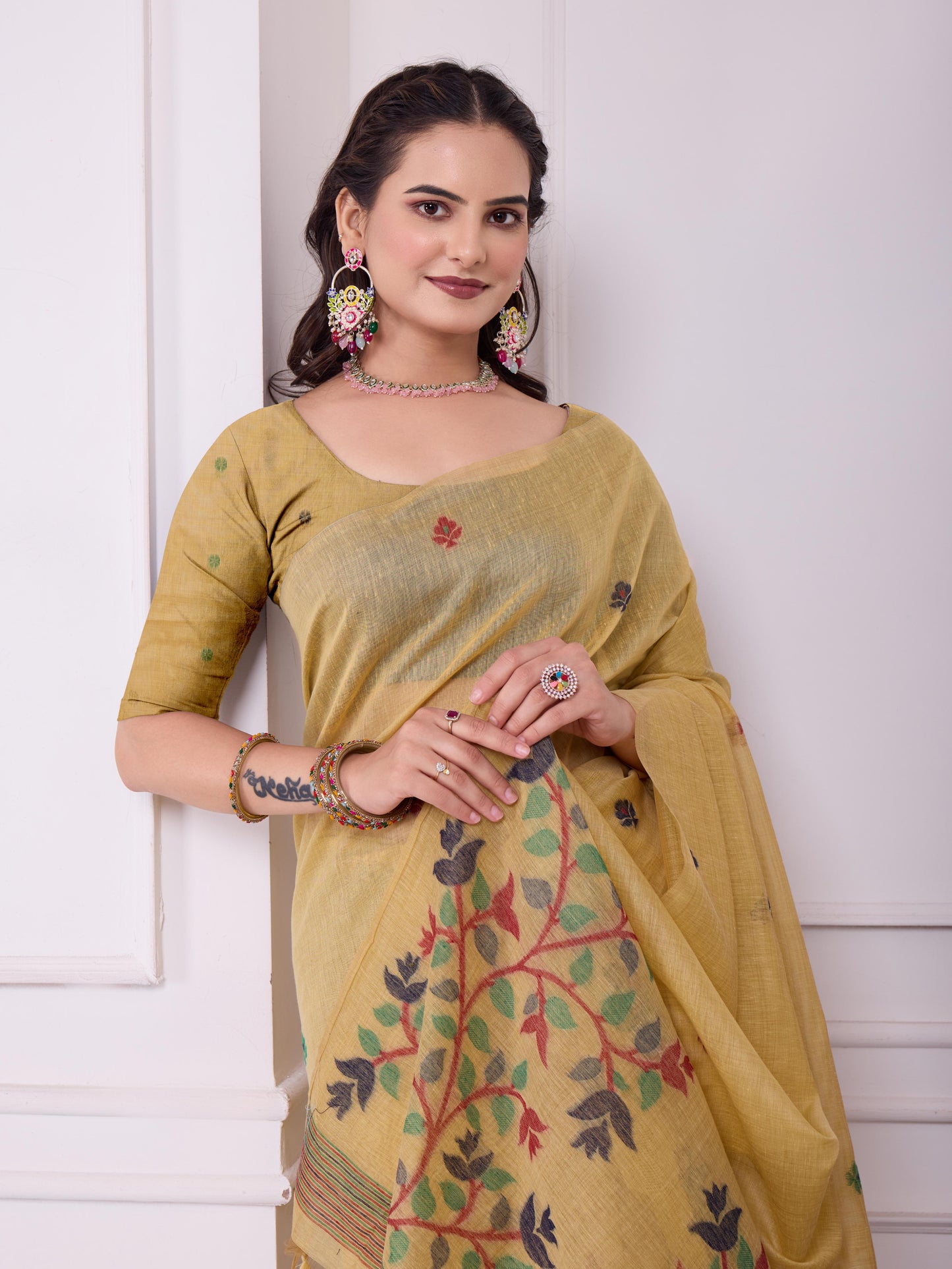 Tulsi Burnished Yellow Muga Cotton Jamdani Saree