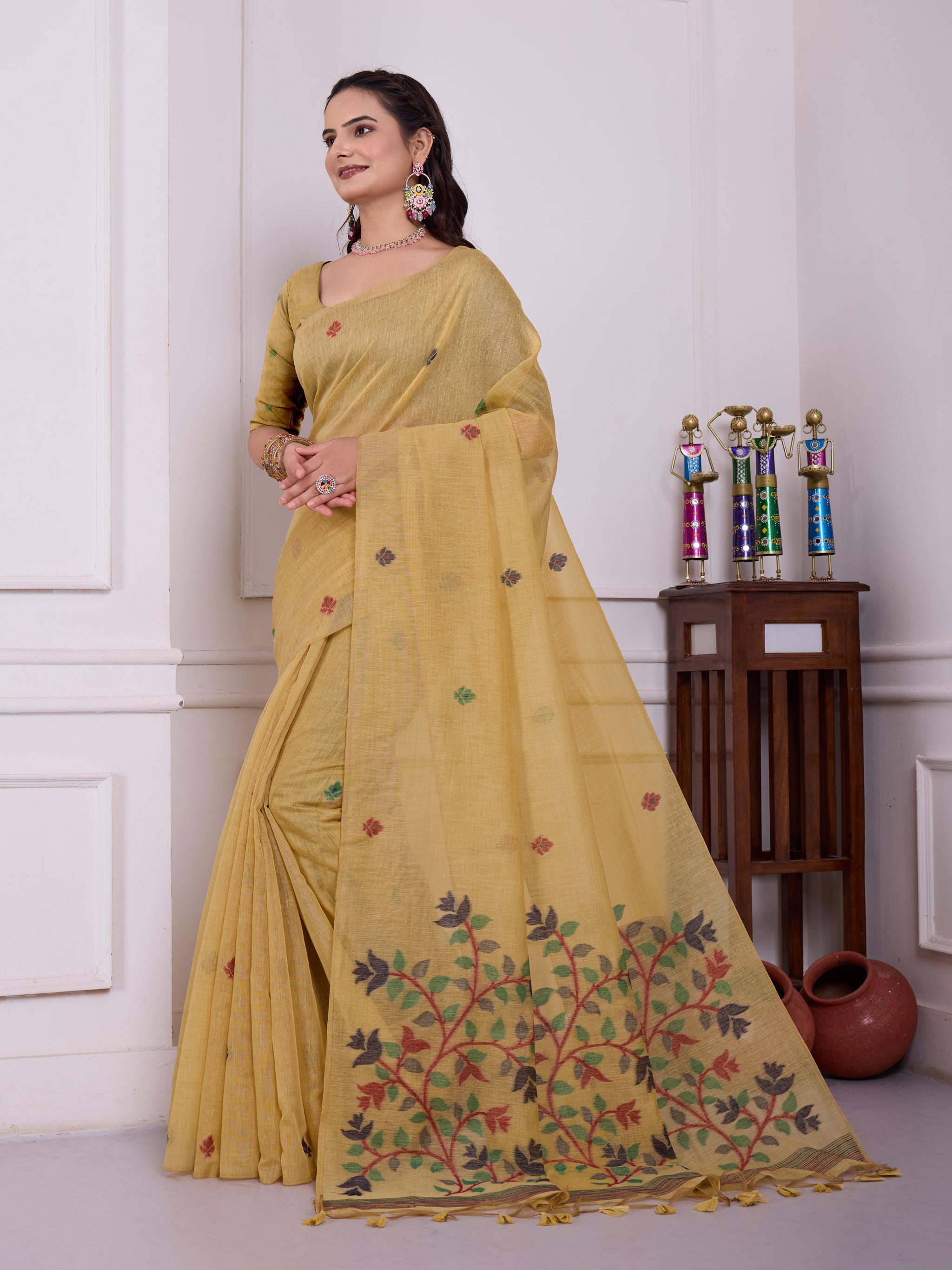 Tulsi Burnished Yellow Muga Cotton Jamdani Saree