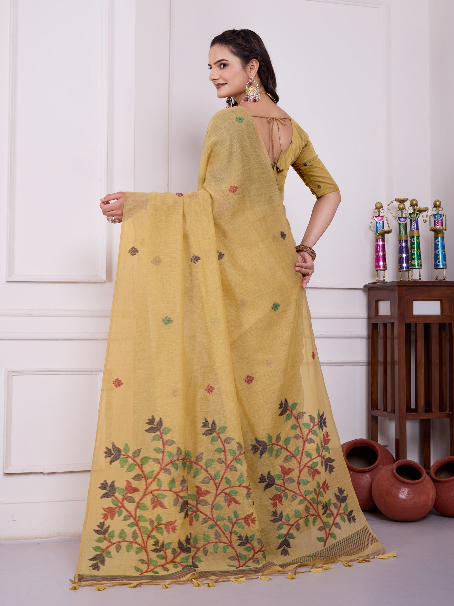 Tulsi Burnished Yellow Muga Cotton Jamdani Saree