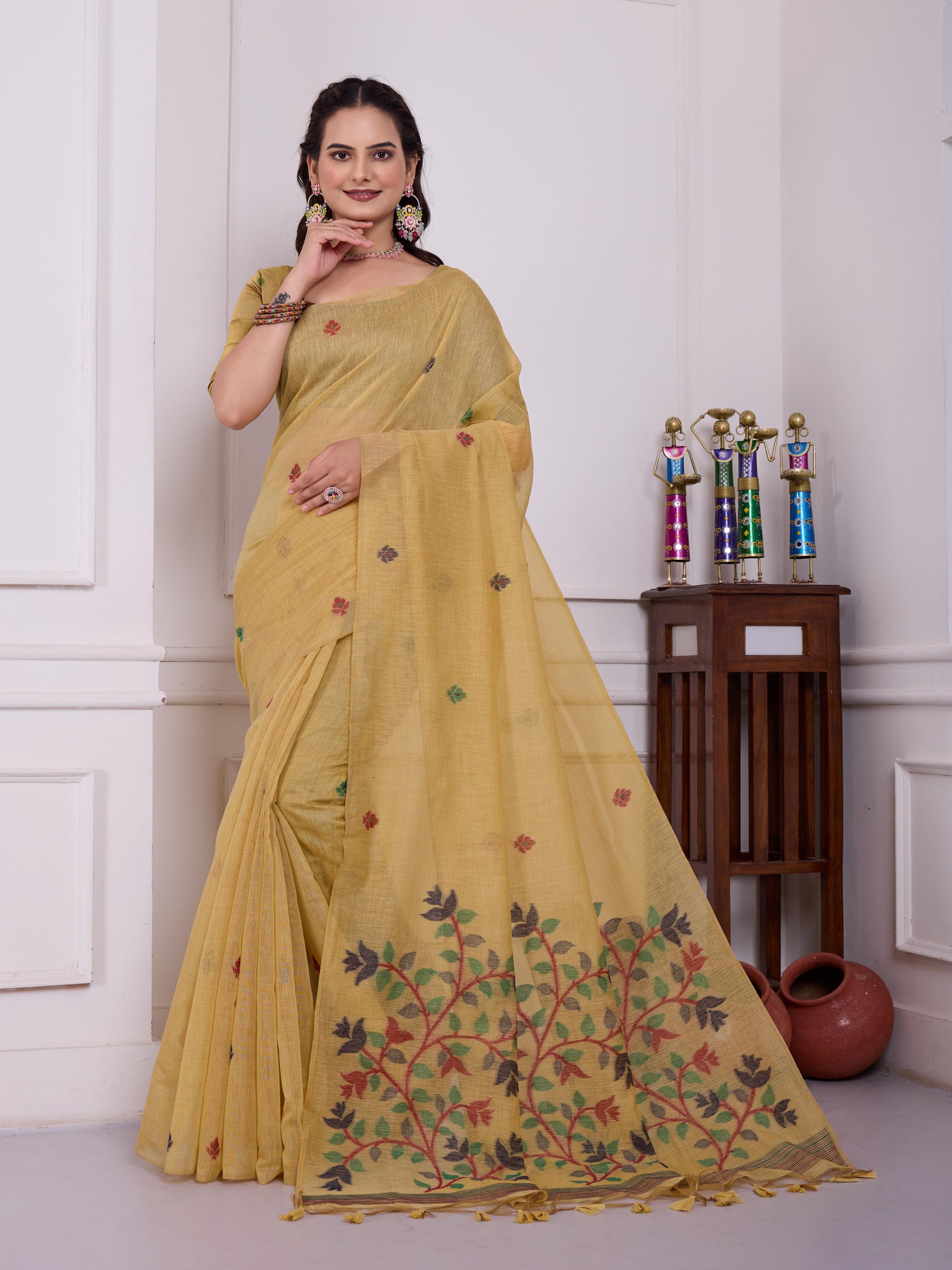 Tulsi Burnished Yellow Muga Cotton Jamdani Saree