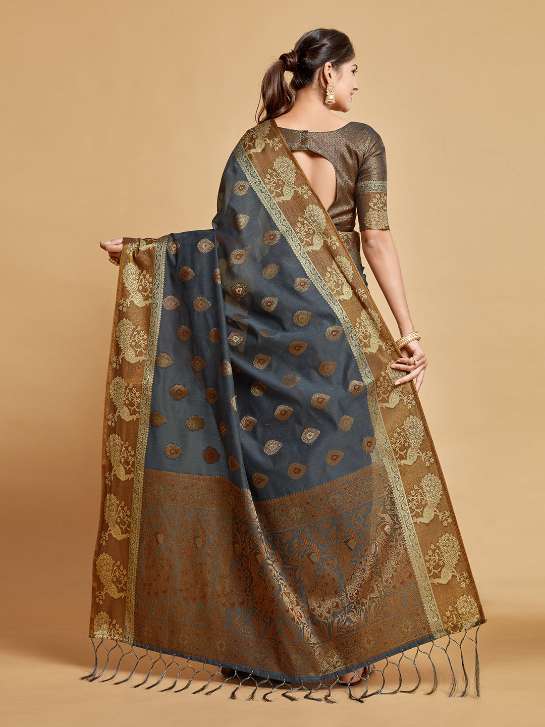 Vasudha Warm Grey Zari Woven Design Chanderi Cotton Saree