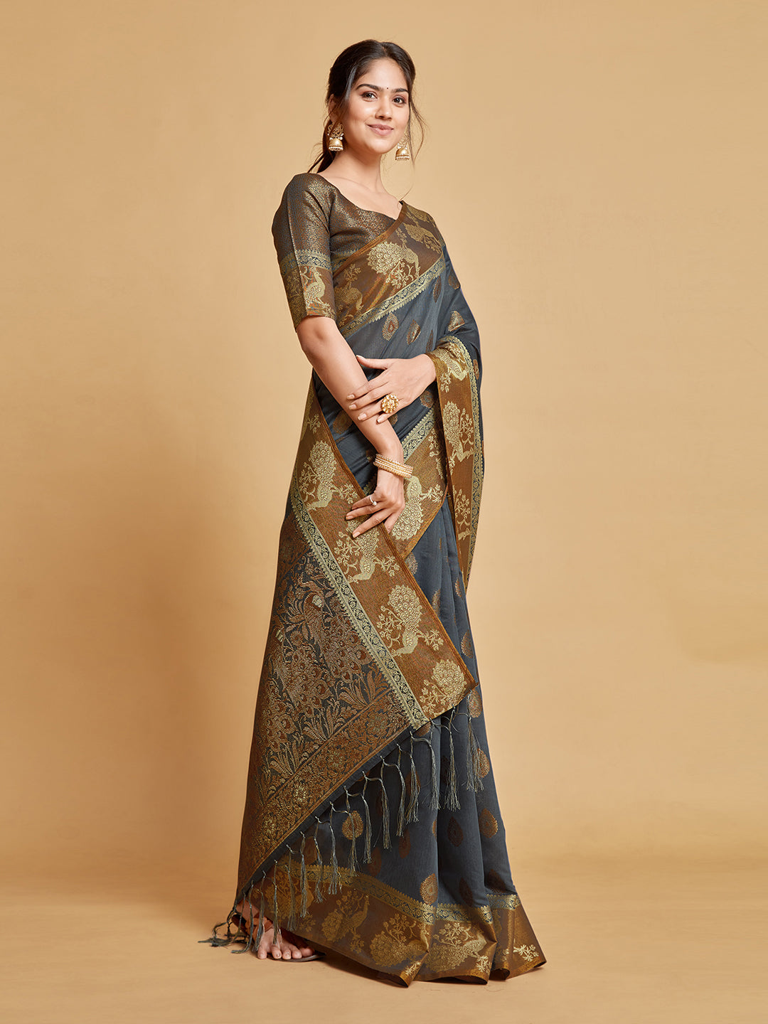 Vasudha Warm Grey Zari Woven Design Chanderi Cotton Saree