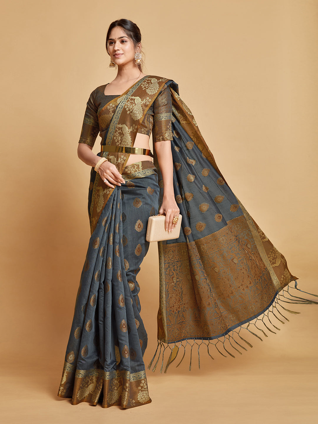 Vasudha Warm Grey Zari Woven Design Chanderi Cotton Saree