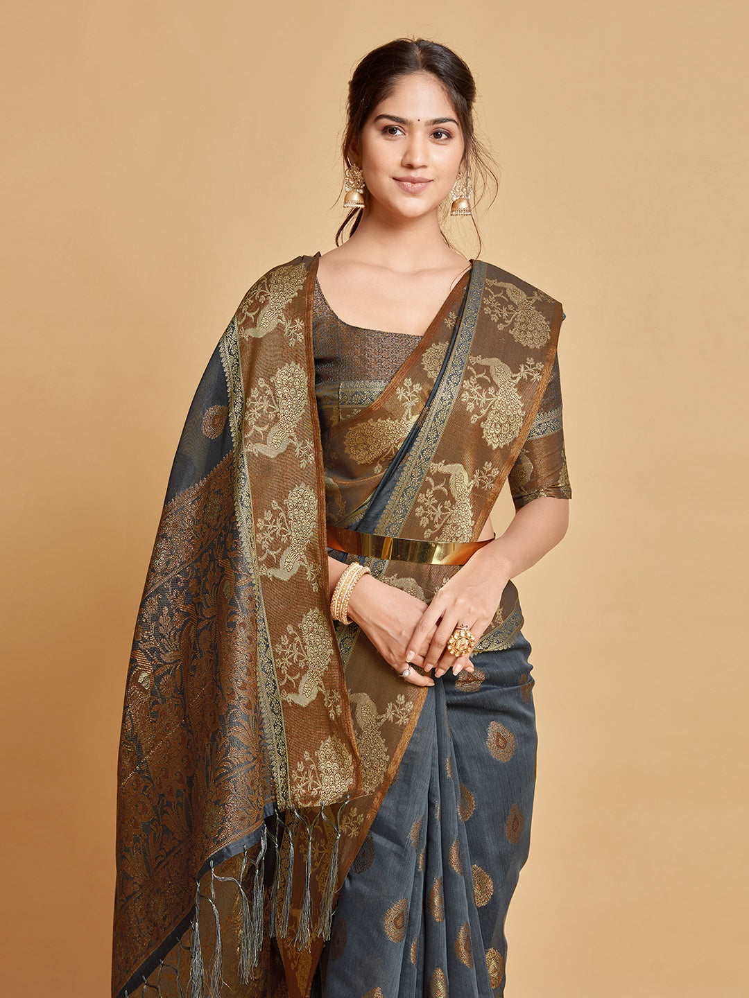 Vasudha Warm Grey Zari Woven Design Chanderi Cotton Saree