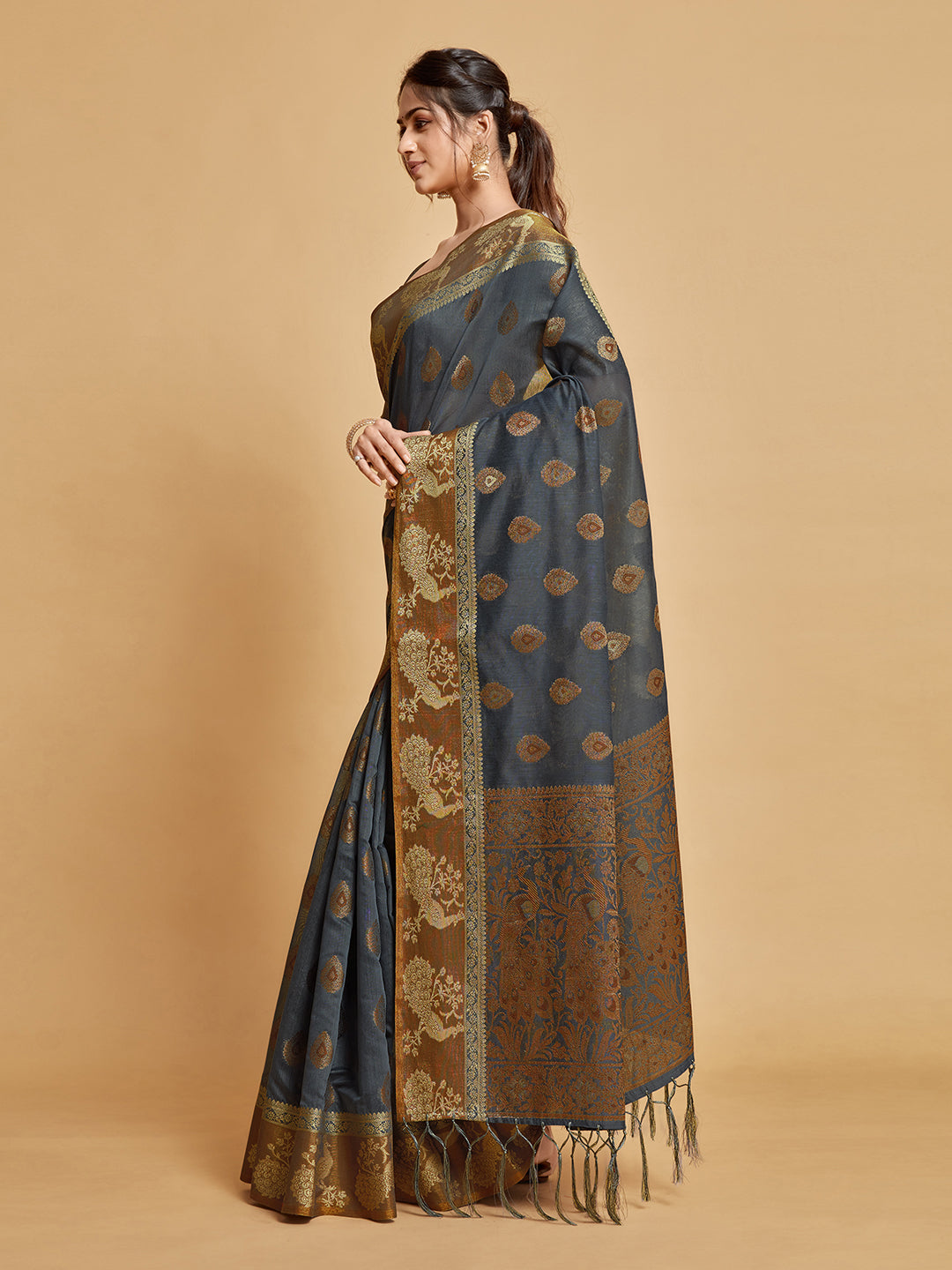 Vasudha Warm Grey Zari Woven Design Chanderi Cotton Saree
