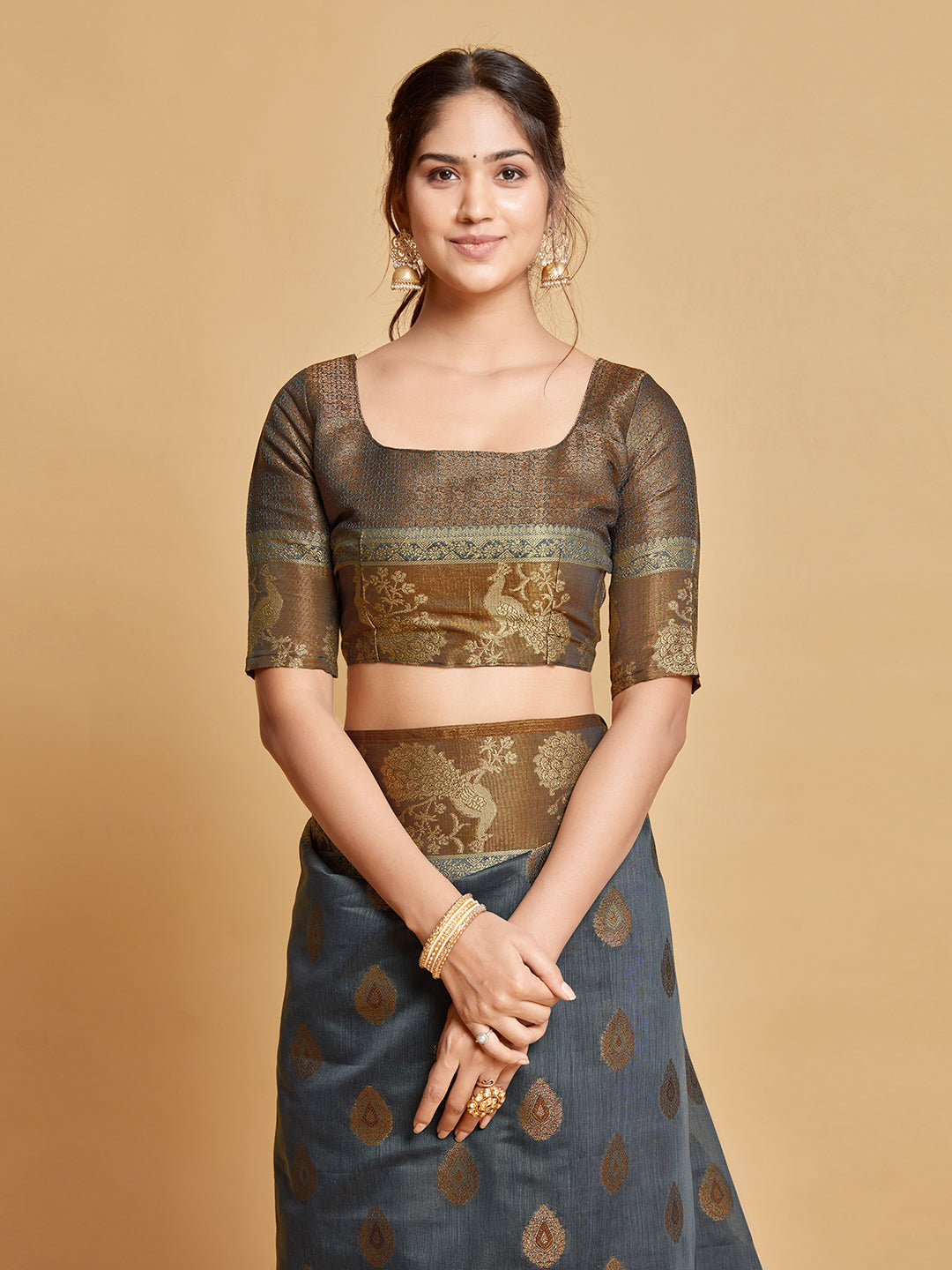 Vasudha Warm Grey Zari Woven Design Chanderi Cotton Saree